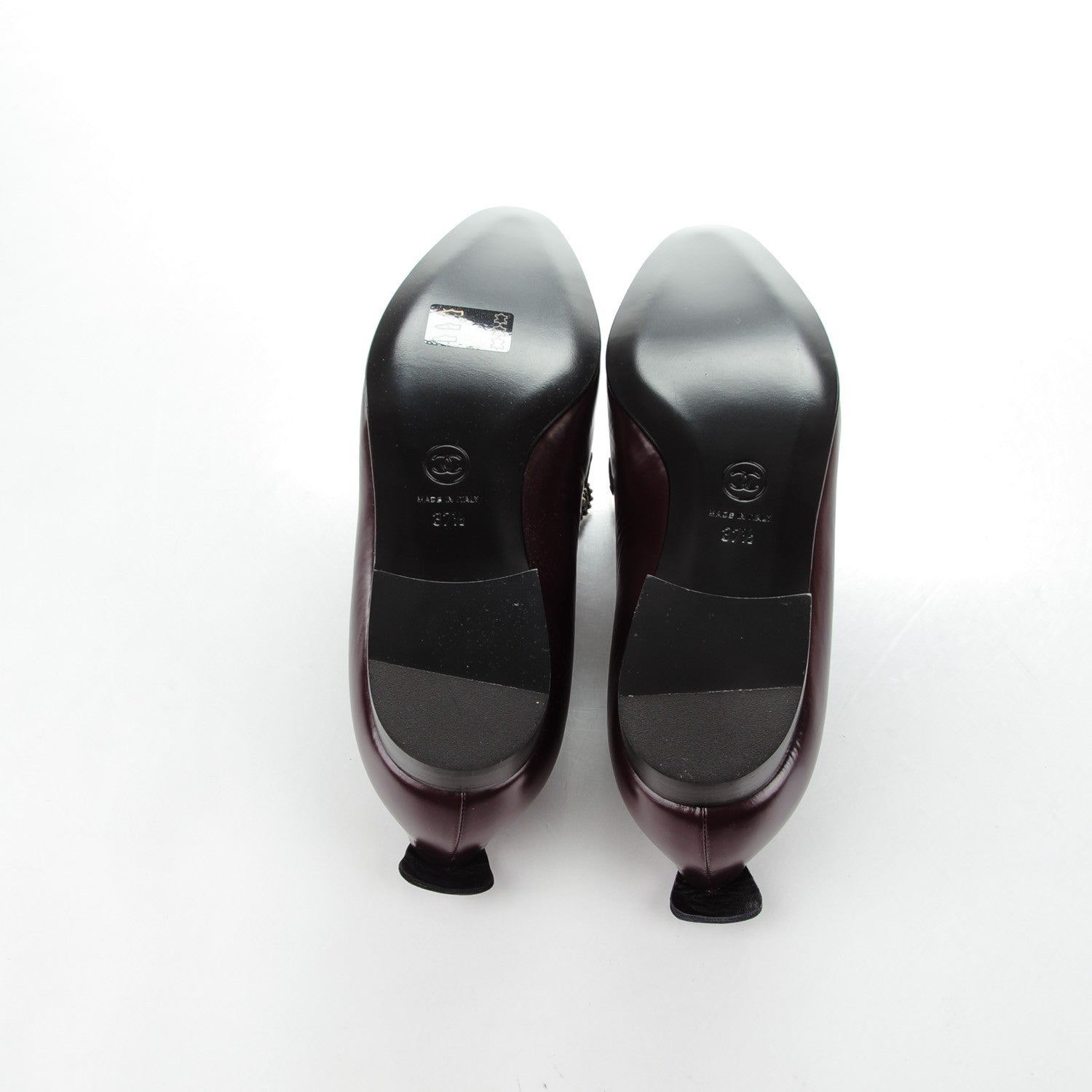 Chanel Crackled Goatskin Lambskin Cap Toe CC Charm Moccasin Loafers 37.5 Dark Burgundy Navy 5 of 7
