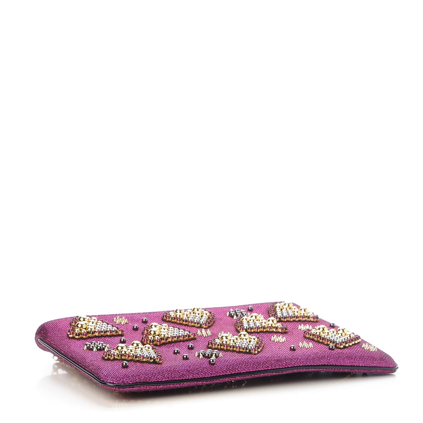 Metallic Raffia Studded Loubiposh Chain Clutch Magenta