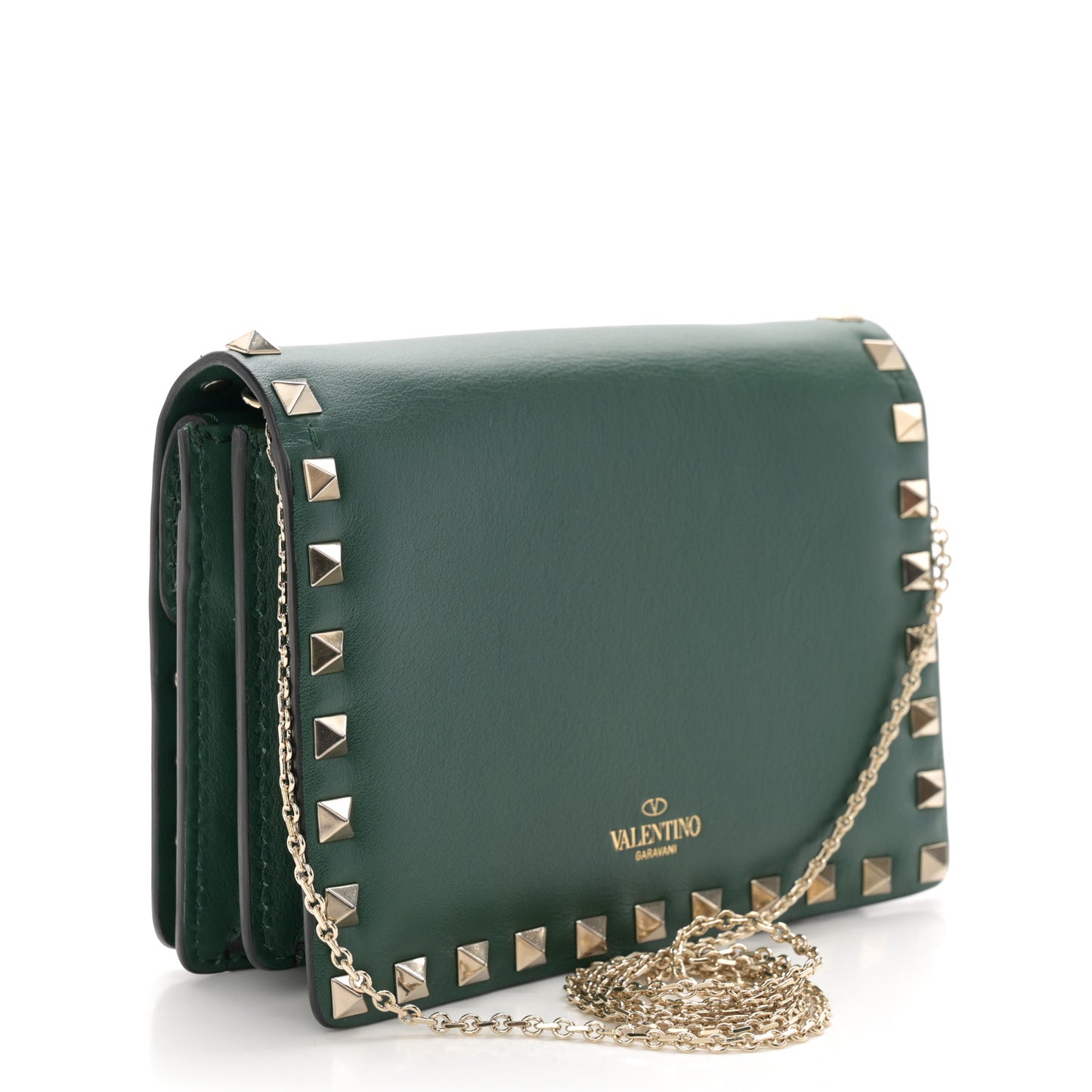 Calfskin Rockstud Wallet On Chain Green