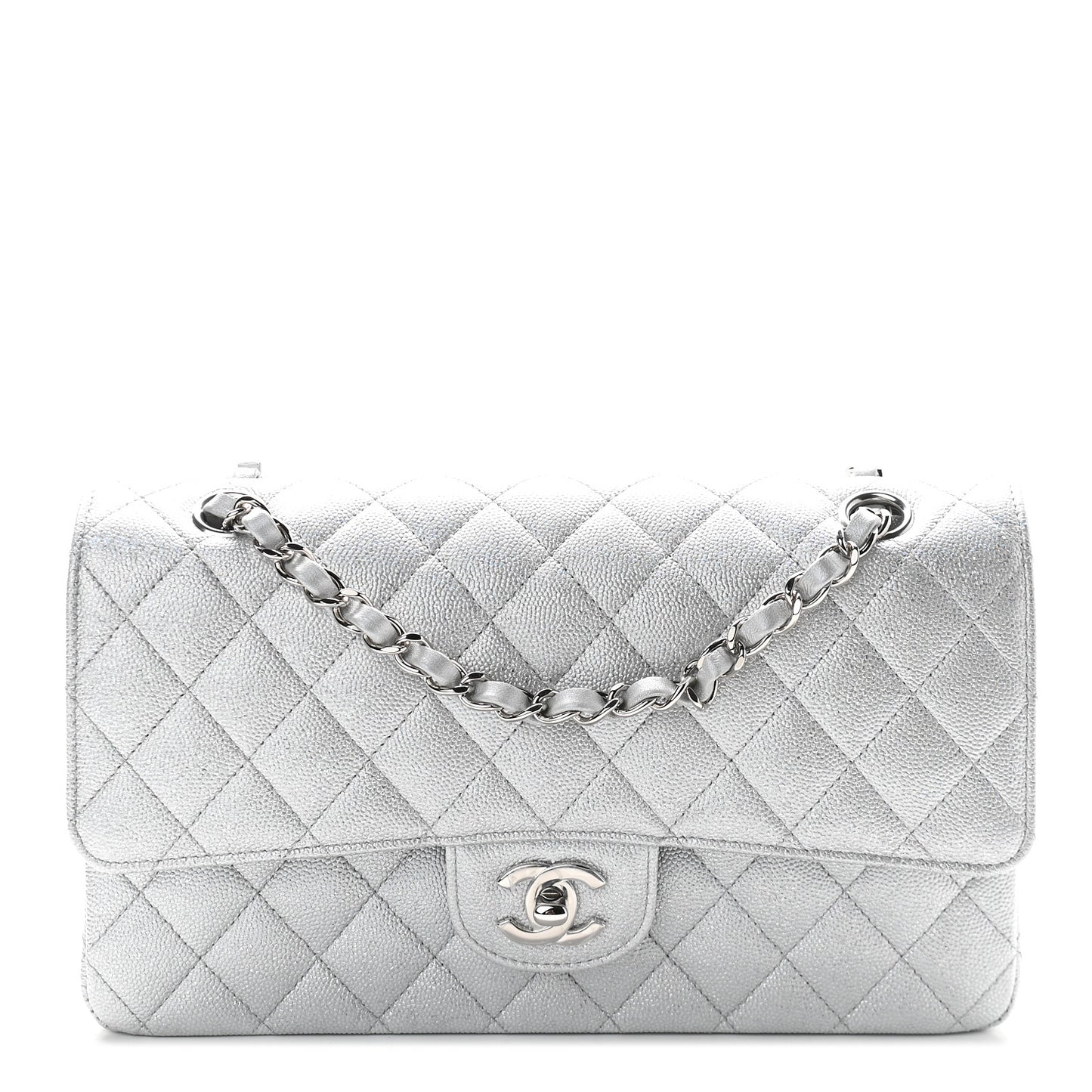 Glittered Metallic Caviar Quilted Medium Double Flap Silver