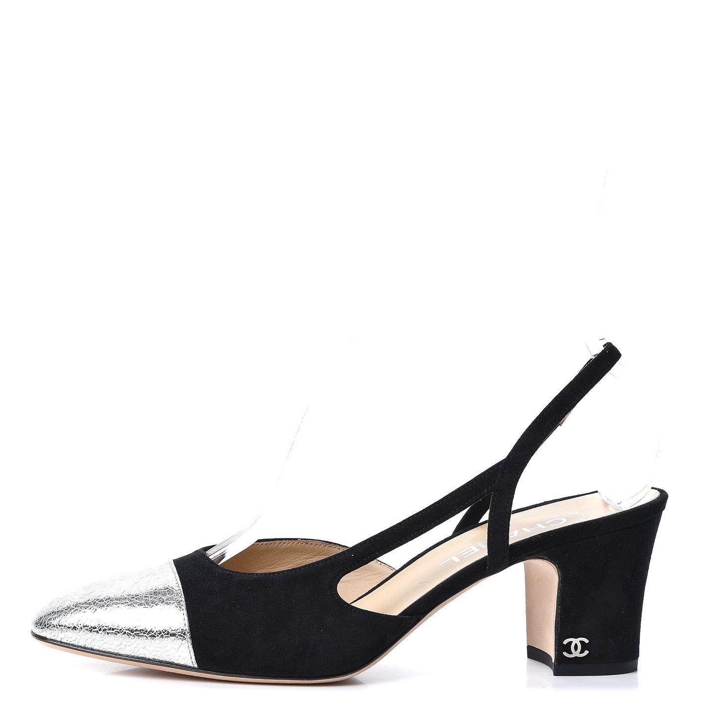Kid Suede Metallic Lambskin Cap Toe CC Slingback Pumps 40.5 Black Silver