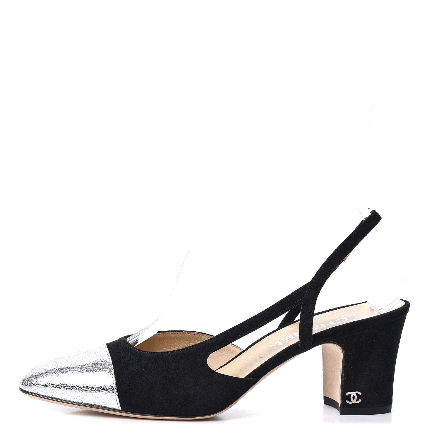 Chanel Kid Suede Metallic Lambskin Cap Toe CC Slingback Pumps 40.5 Black Silver 1 of 9