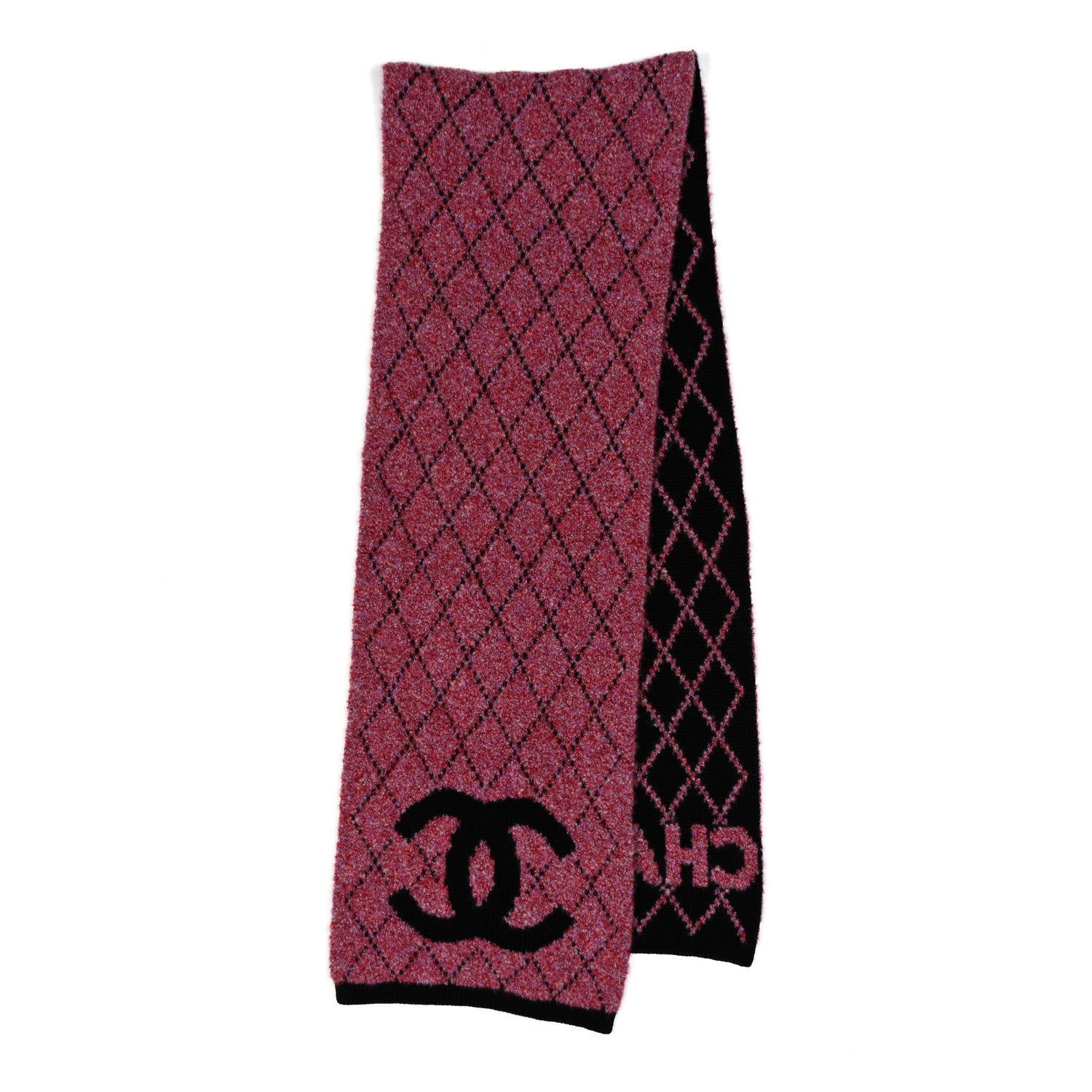 Chanel Wool Cashmere CC Scarf Dark Pink Black 2 of 4