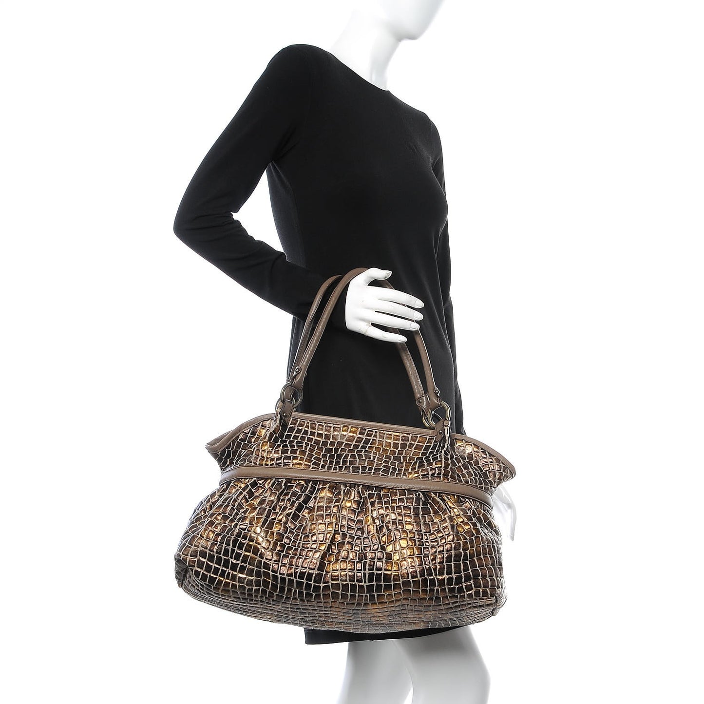 Metallic Canvas Crocodile Embossed Large Chef Shopper Tote Bronze