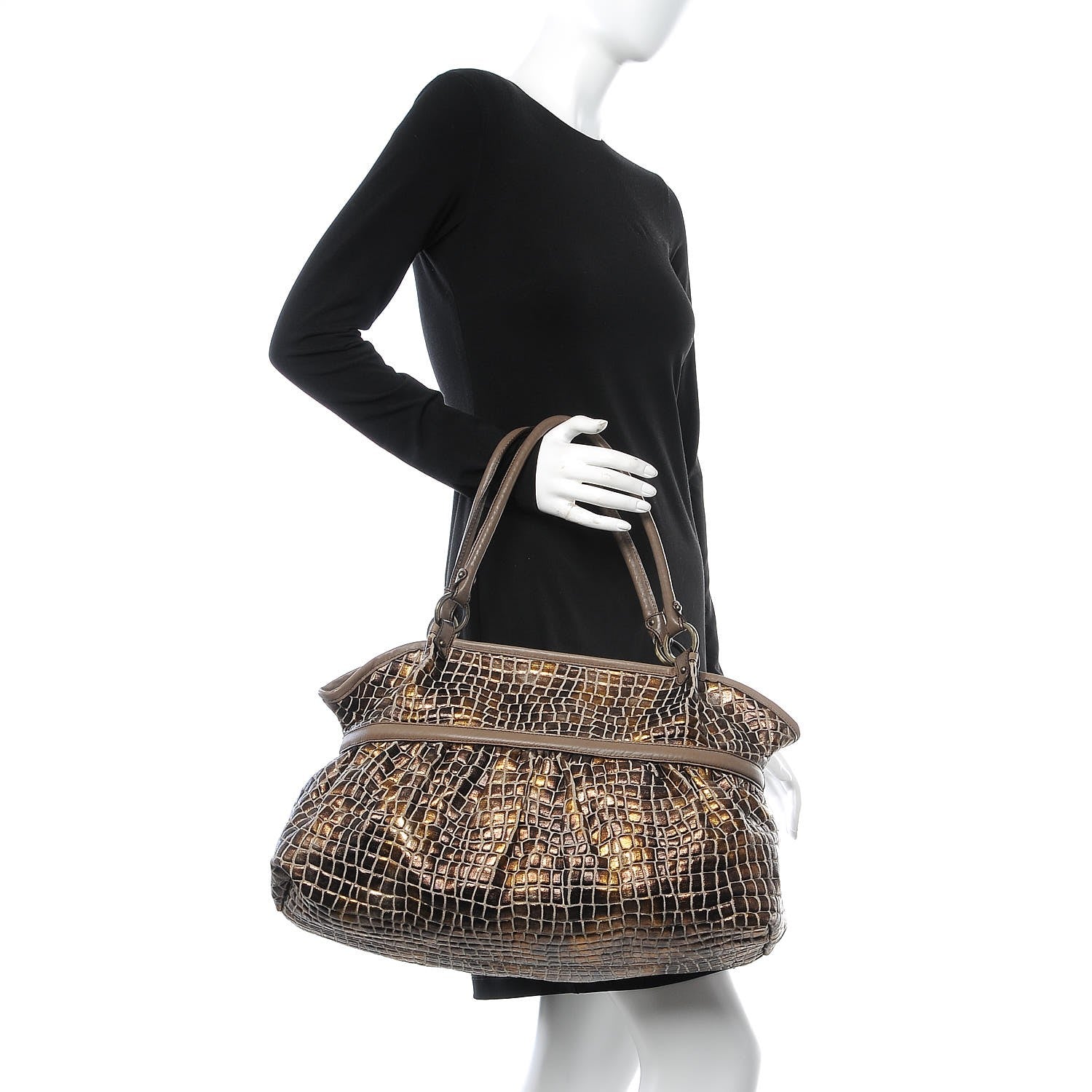 Fendi Metallic Canvas Crocodile Embossed Large Chef Shopper Tote Bronze 2 of 7