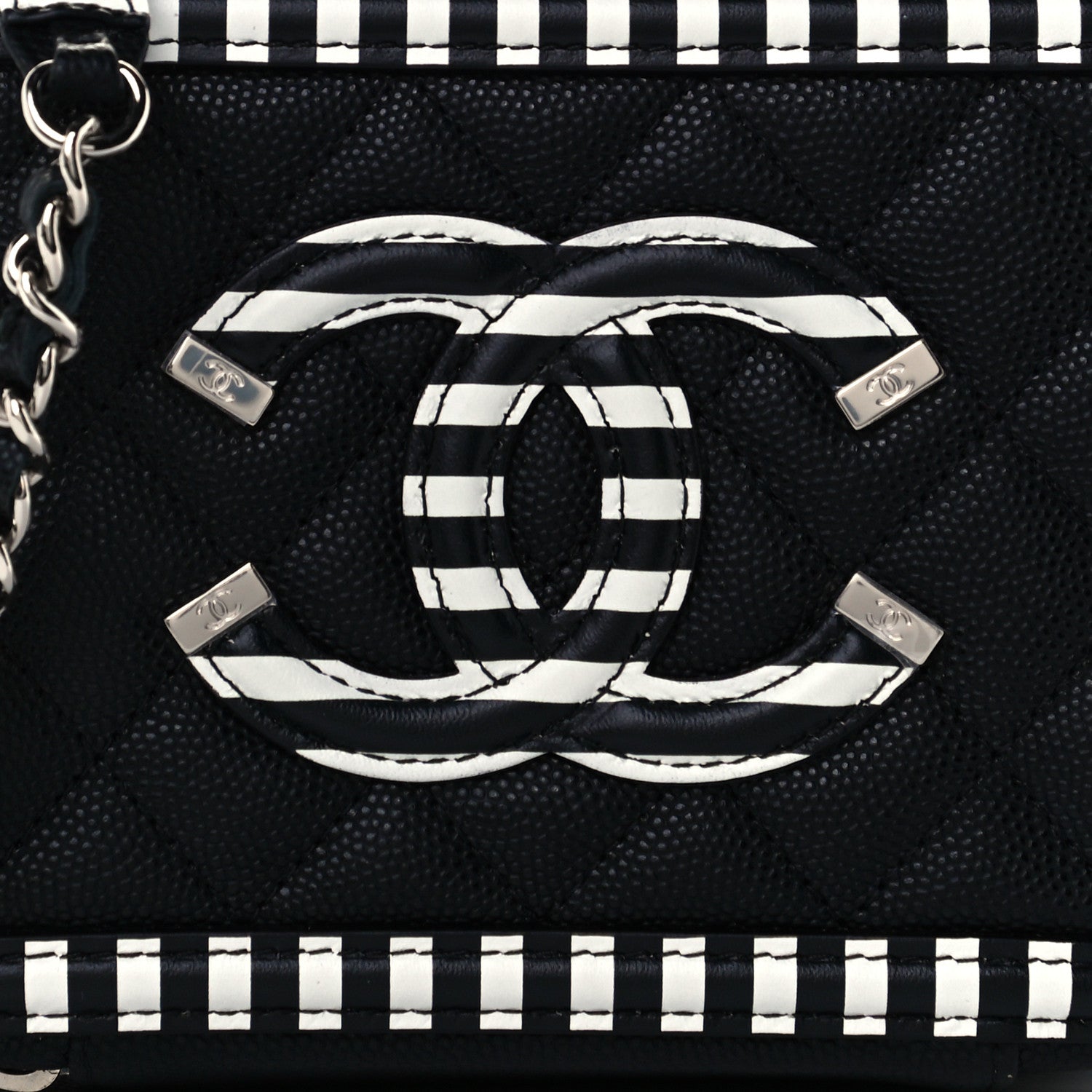 Chanel Caviar Quilted Striped Filigree Vanity Clutch With Chain Black White 8 of 10