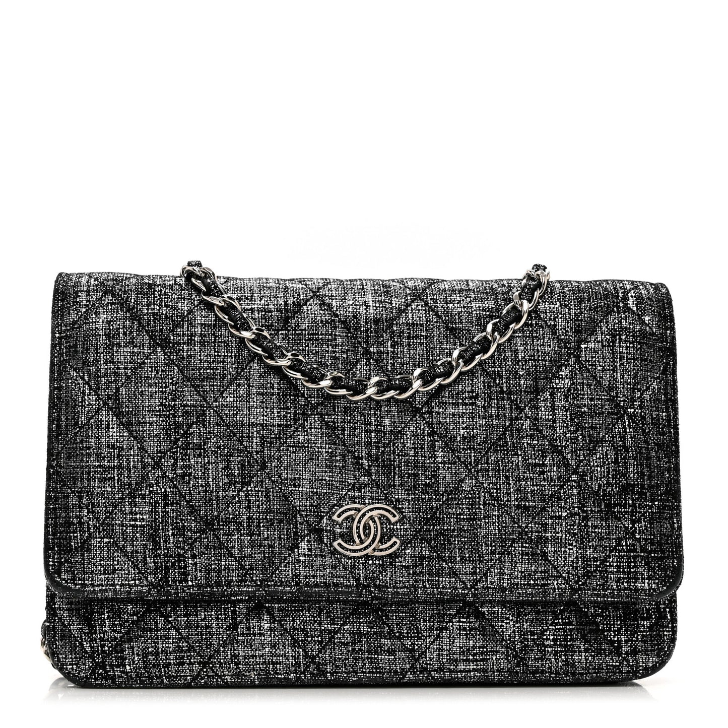 Metallic Fabric Quilted Wallet On Chain WOC Silver Black