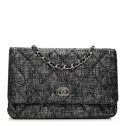 Chanel Metallic Fabric Quilted Wallet On Chain WOC Silver Black 1 of 8