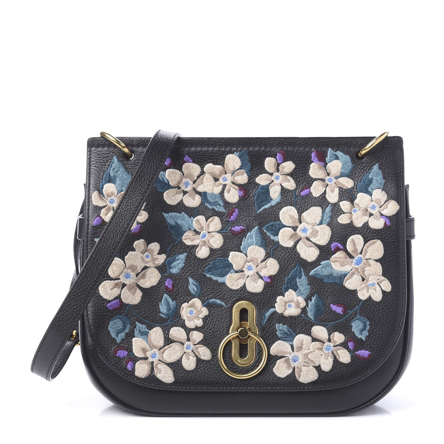 Classic Grain Calfskin Embroidered Floral Amberley Satchel Black
