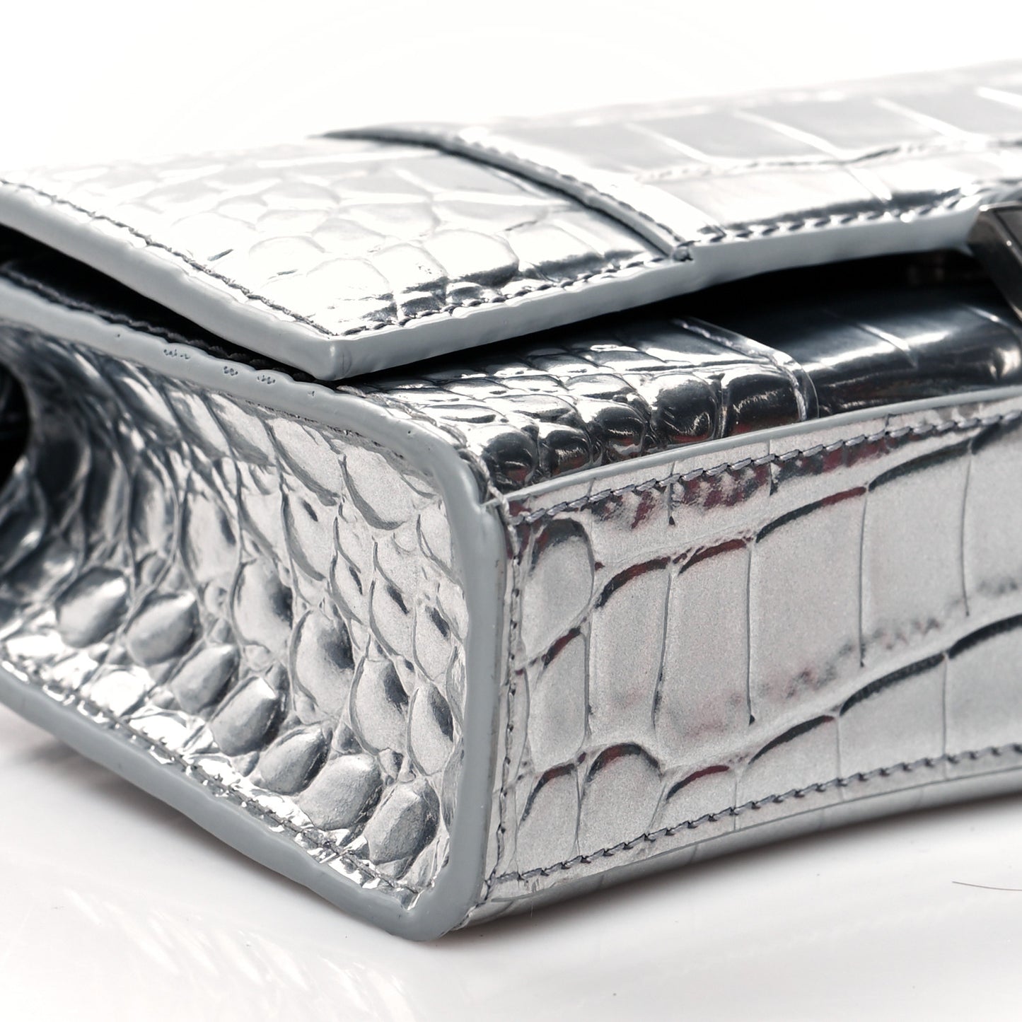 Metallic Calfskin Crocodile Embossed Hourglass Chain Bag Silver