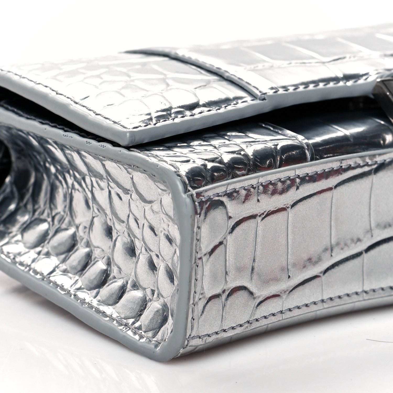 Balenciaga Metallic Calfskin Crocodile Embossed Hourglass Chain Bag Silver 7 of 8