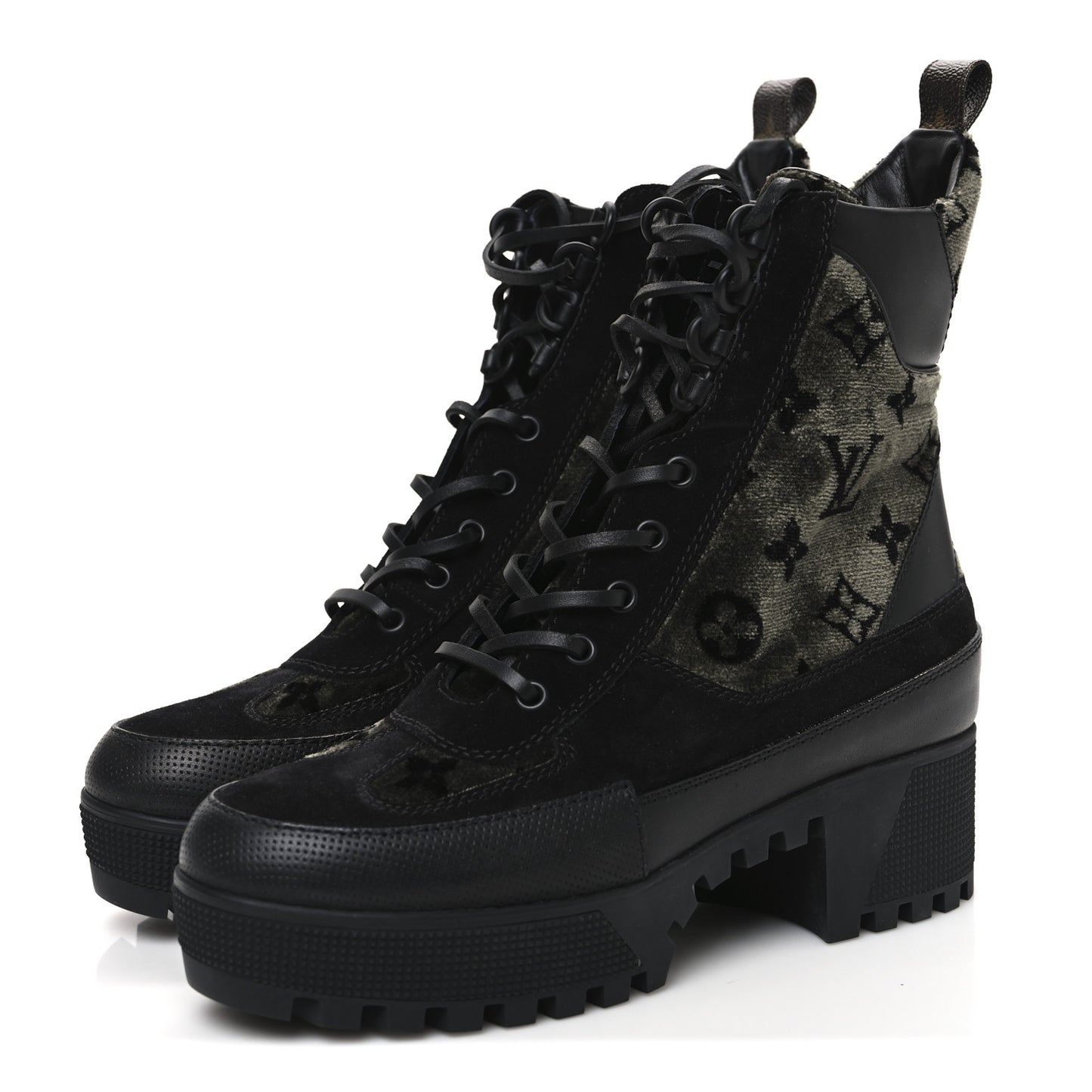 Velvet Calfskin Monogram Laureate Platform Desert Boots 39 Black Green
