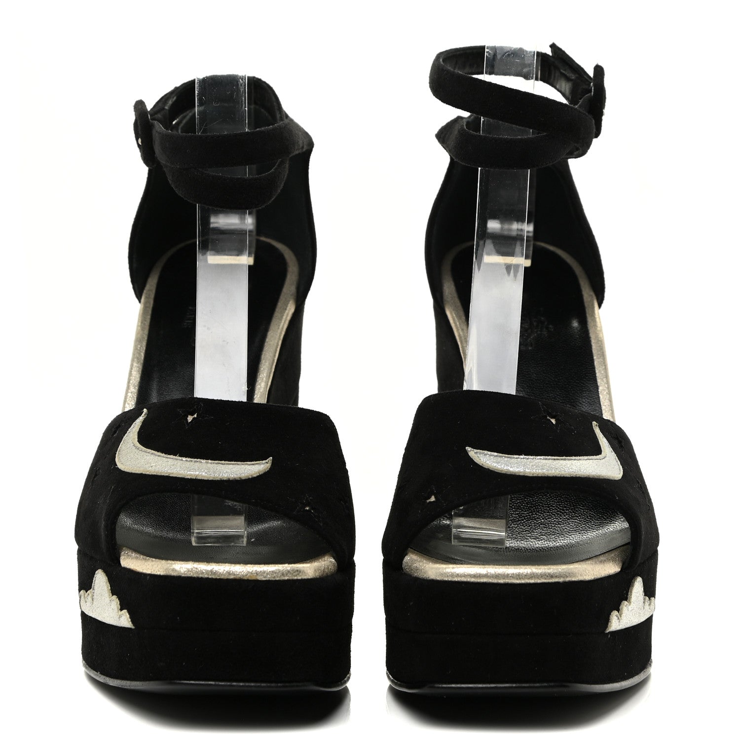 Hermes Suede Goatskin Tournis Wedge Sandals 38 Black 2 of 11