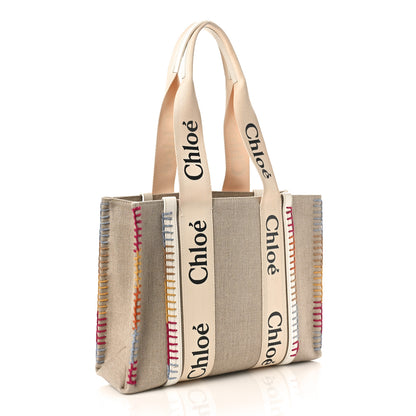 Chloe Linen Canvas Calfskin Blanket Stitched Medium Woody Ribbon Tote White Multicolor 2 of 10
