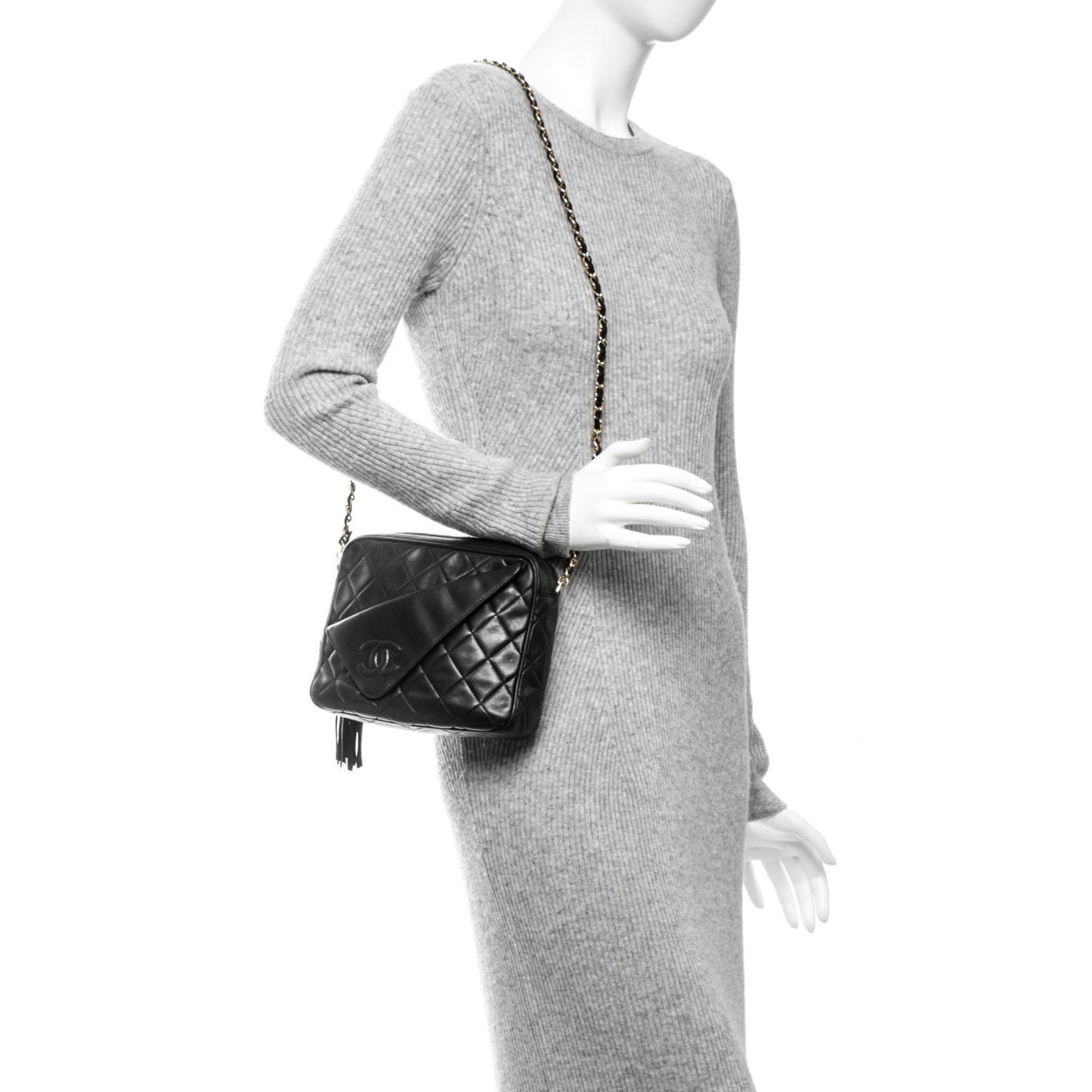 Lambskin Quilted Tassel Camera Case Black