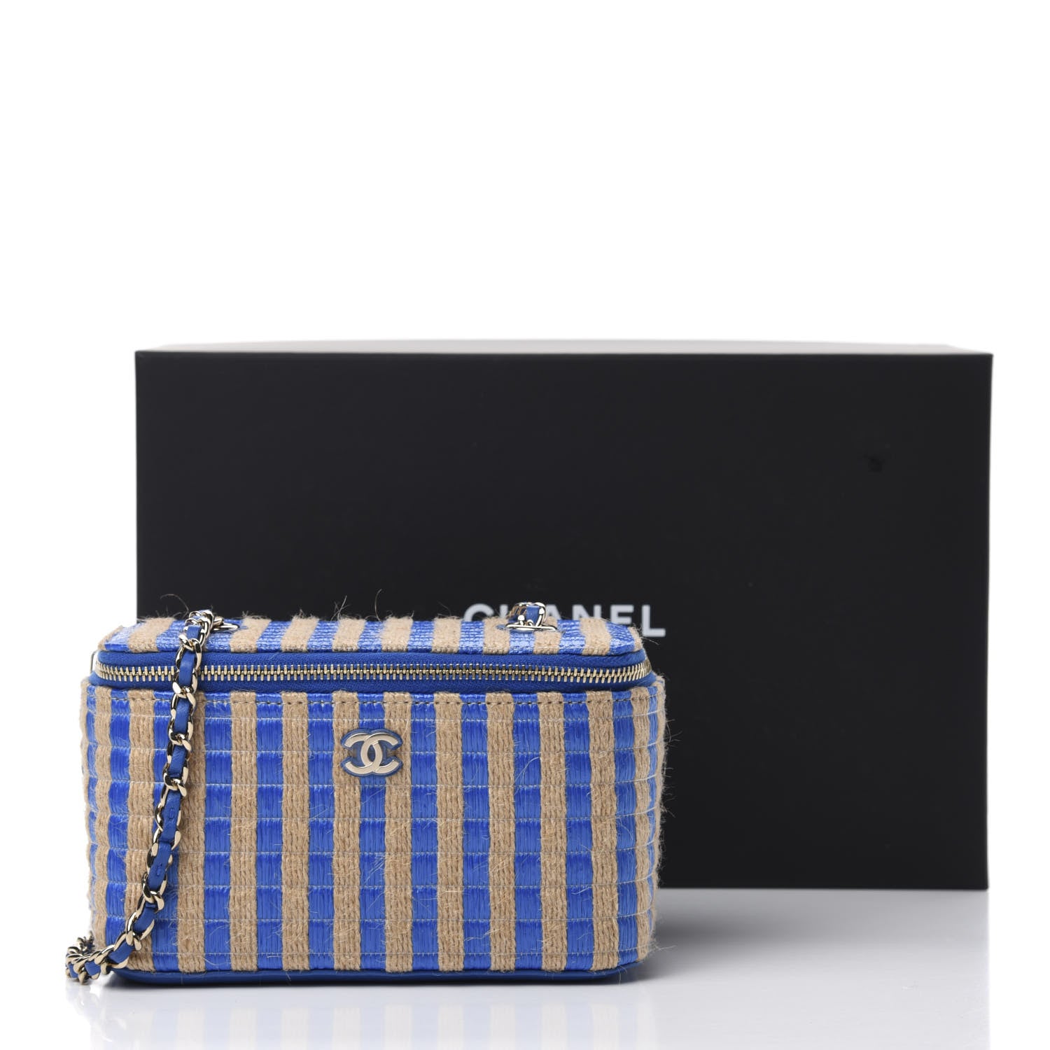 Chanel Raffia Jute Striped Small Vanity Case With Chain Blue Beige 11 of 11