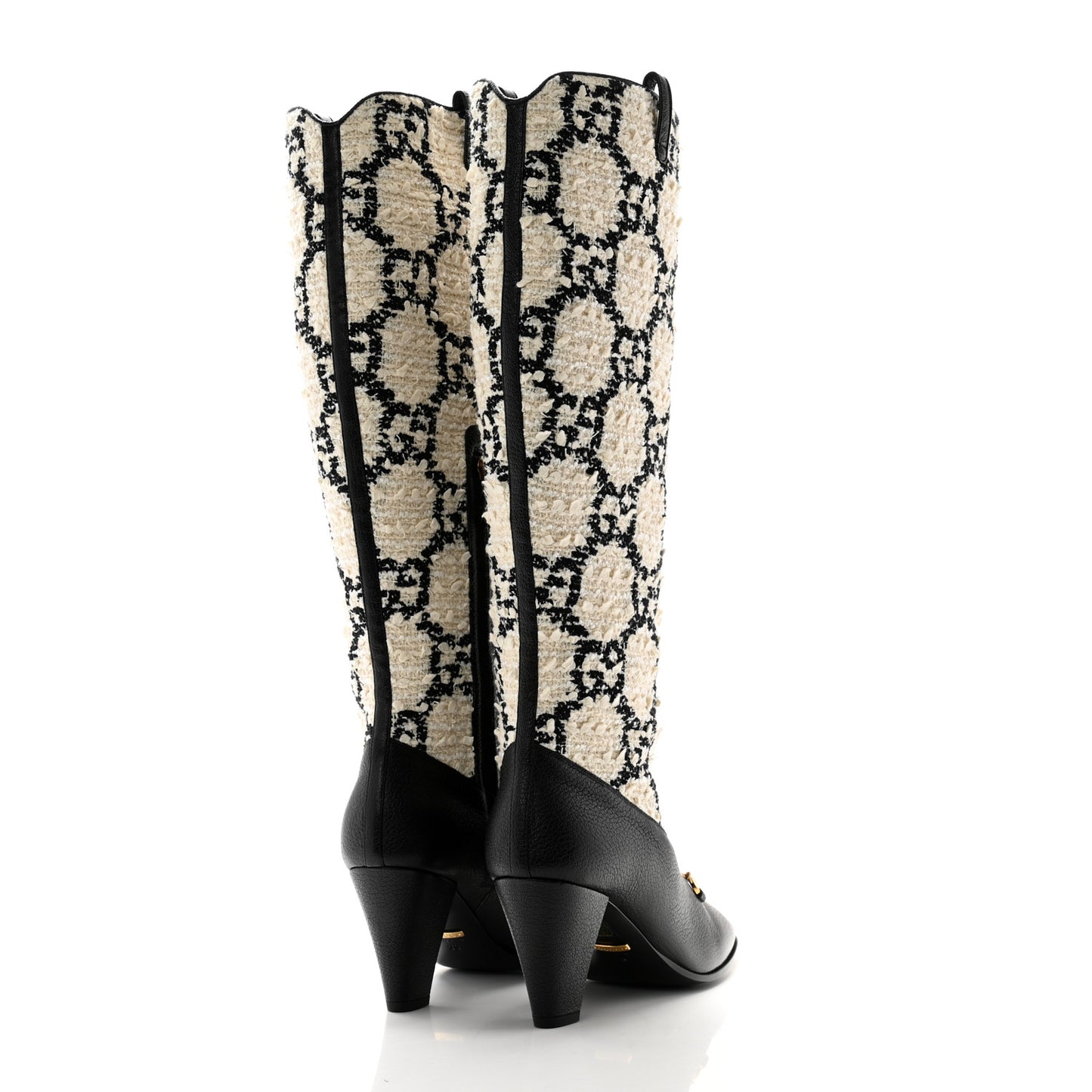 Tweed GG Monogram Wrinkled Kid Zumi Knee Boots 39 Natural Black