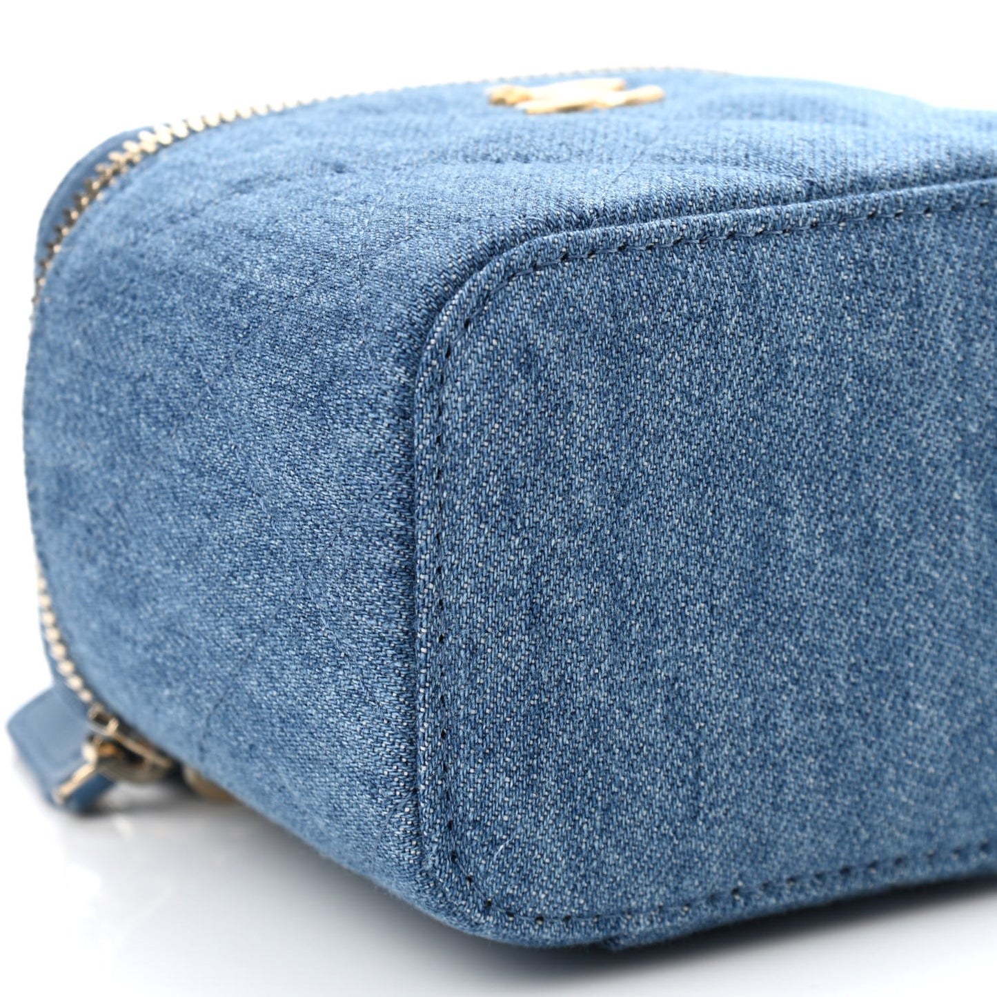 Denim Quilted Mini Pearl Crush Vanity Case With Chain