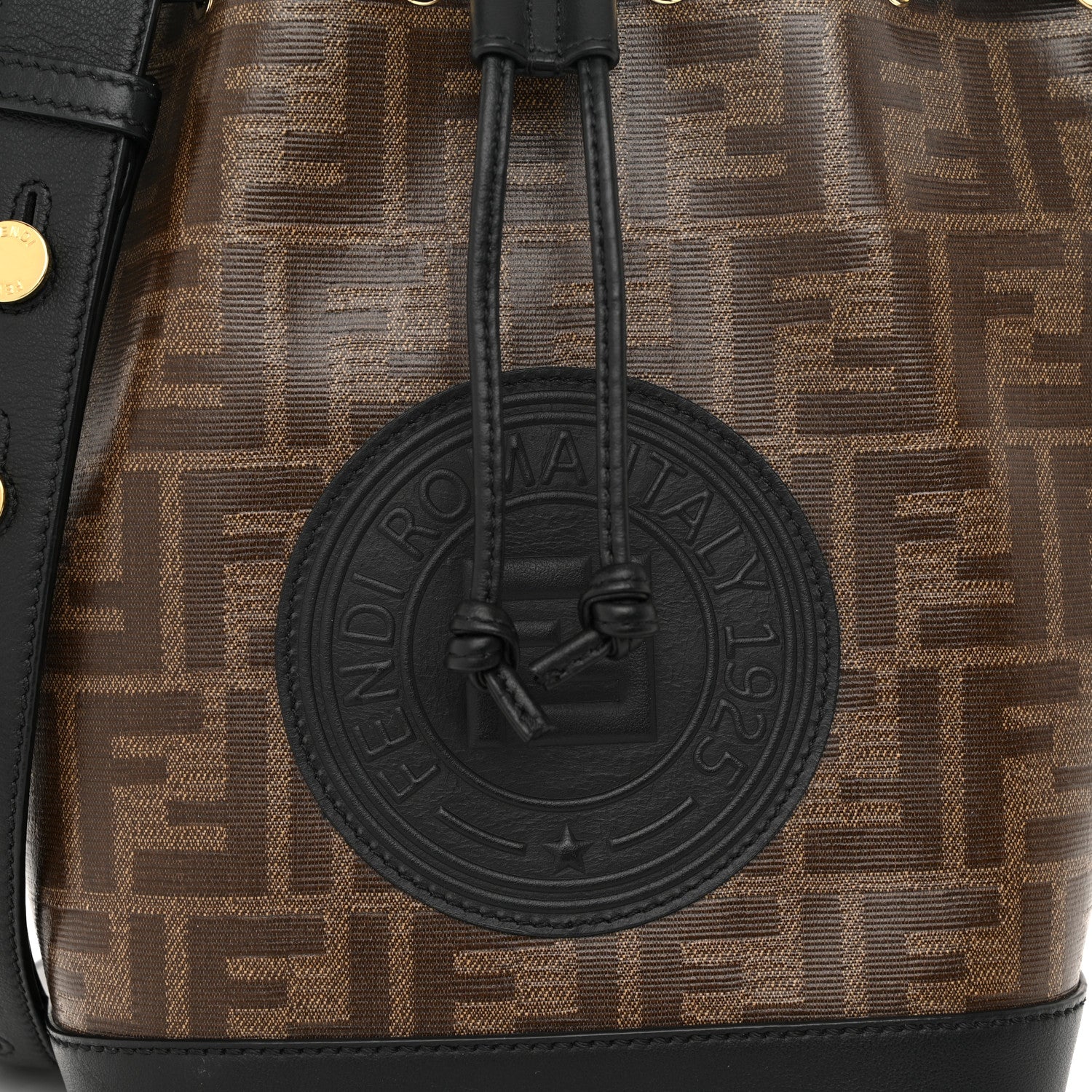 Fendi Glazed Fabric Vitello Grace F is Fendi FF 1974 Stamp Patch Grande Mon Tresor Bucket Bag Mogano Panna Black 8 of 10