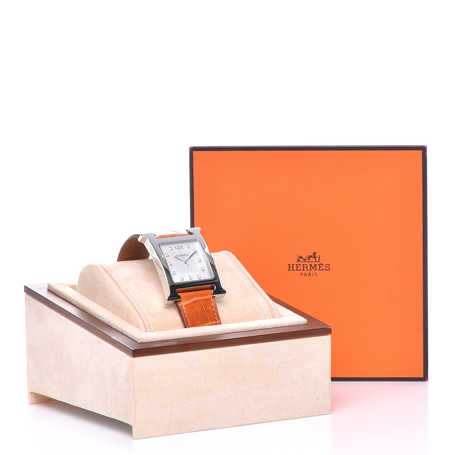 Hermes Sterling Silver Alligator Diamond Mother of Pearl 30.5mm Heure H Hour Quartz Watch Orange 13 of 13