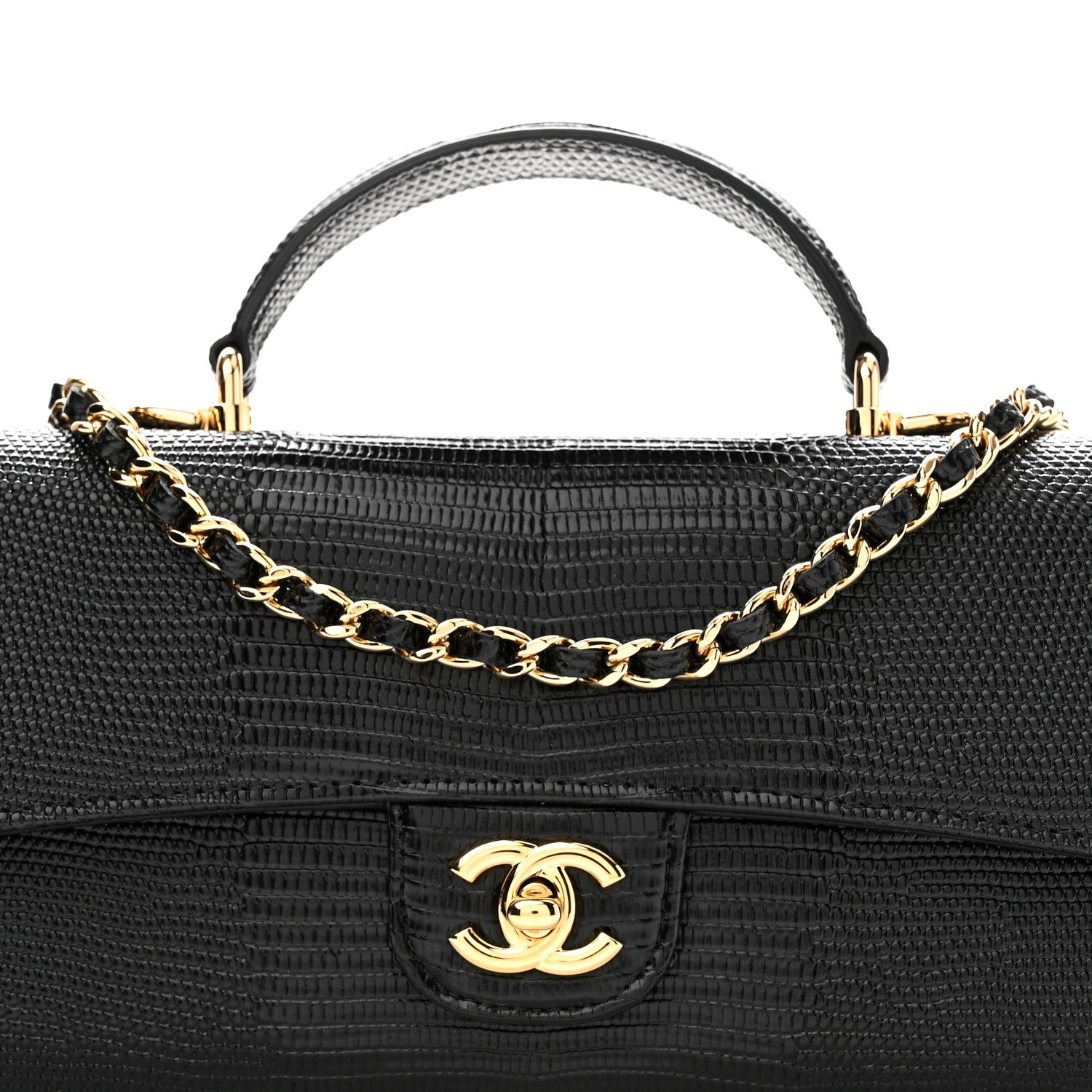 Chanel Calfskin Lizard Embossed Top Handle Clutch With Chain Black 9 of 12