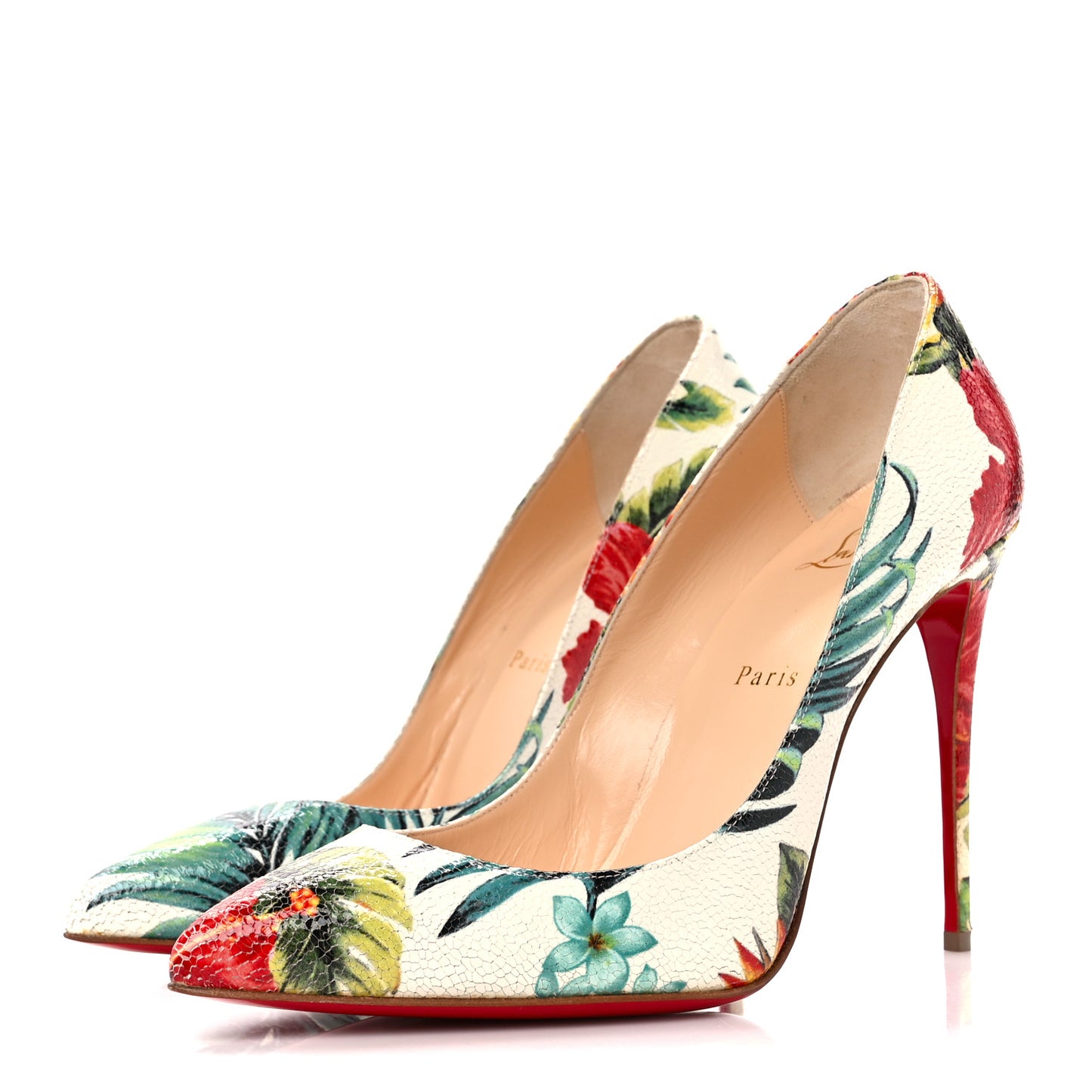 Crackled Calfskin Hawaiian Print Pigalle Follies 100 Pumps 40.5 White