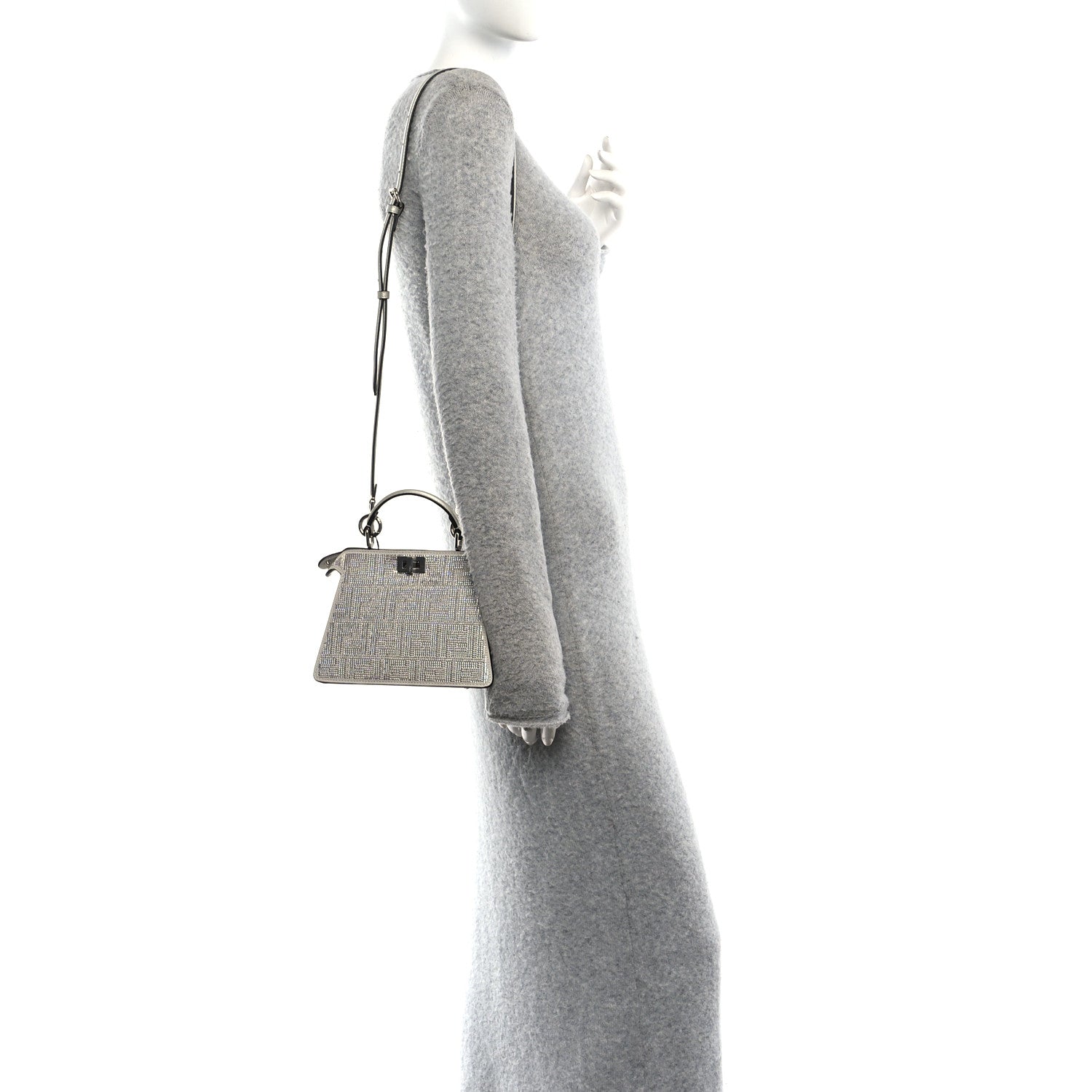Fendi Iridescent Crystal Vitello Laminato Suede FF Petite Peekaboo I SEE U Satchel Cappuccino 2 of 9