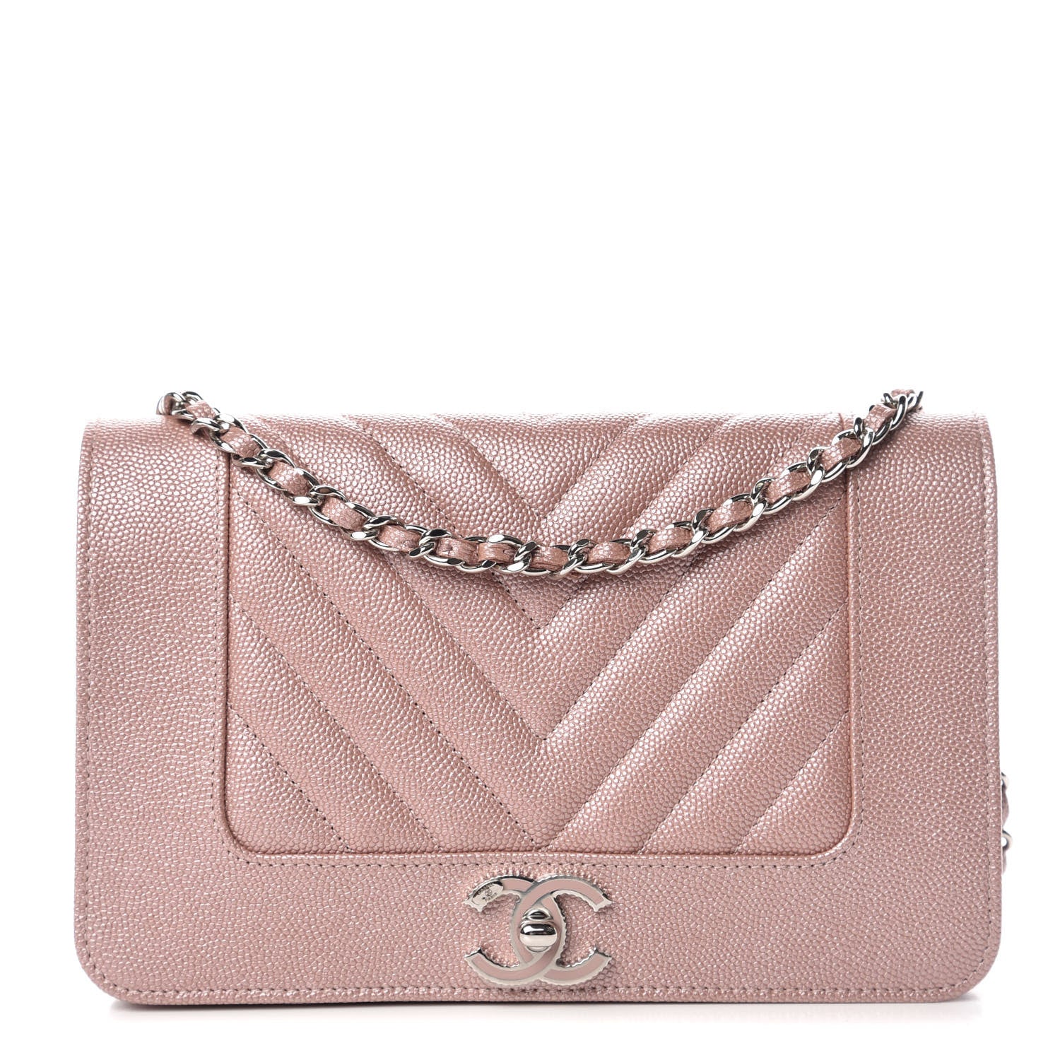 Chanel Metallic Caviar Chevron Quilted Vintage Mademoiselle Wallet On Chain WOC Pink 1 of 11