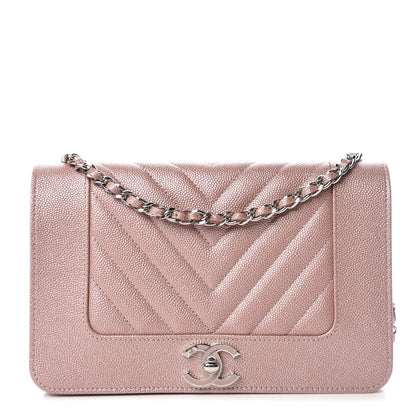 Chanel Metallic Caviar Chevron Quilted Vintage Mademoiselle Wallet On Chain WOC Pink 1 of 11