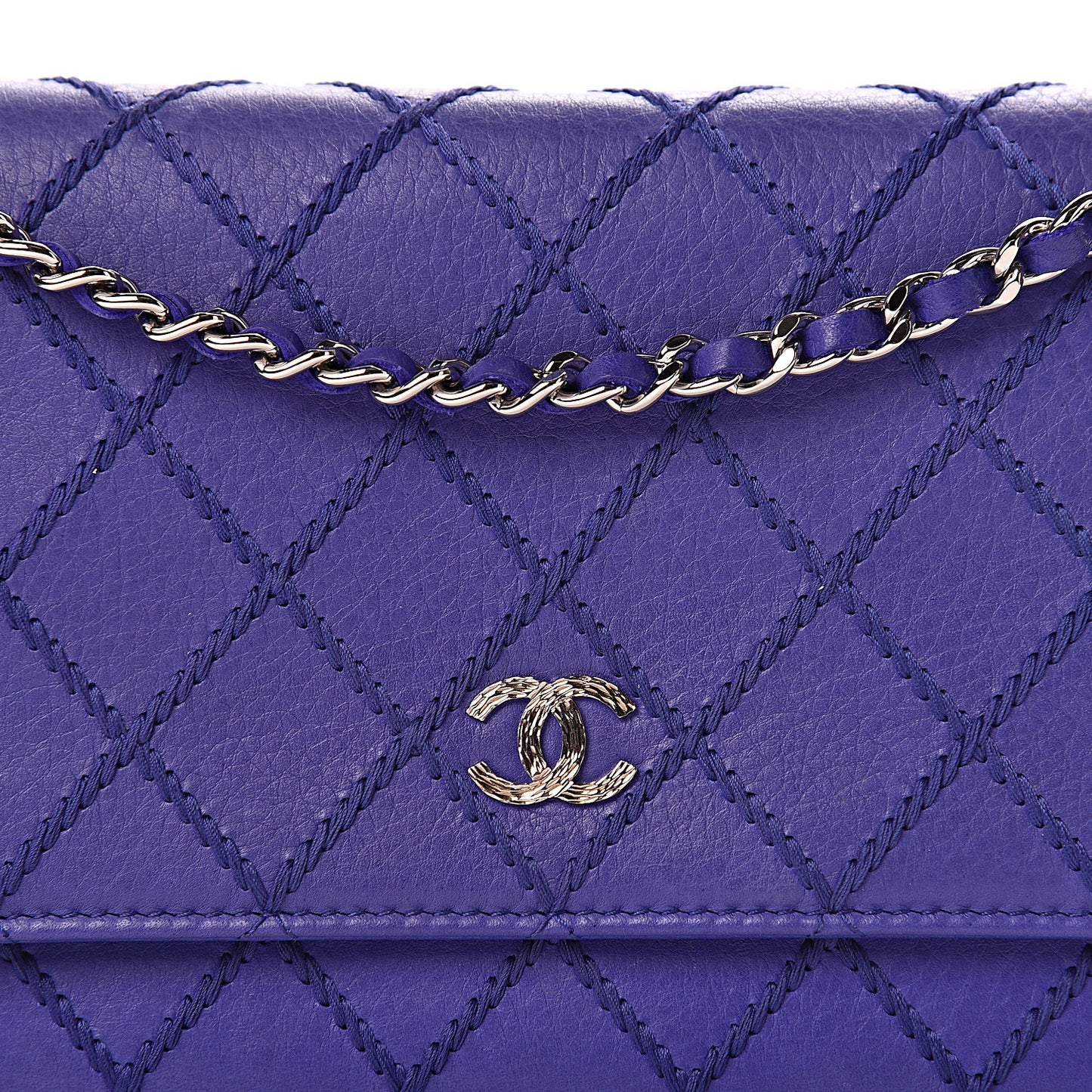 Calfskin Quilted Fancy CC Wallet On Chain WOC Blue