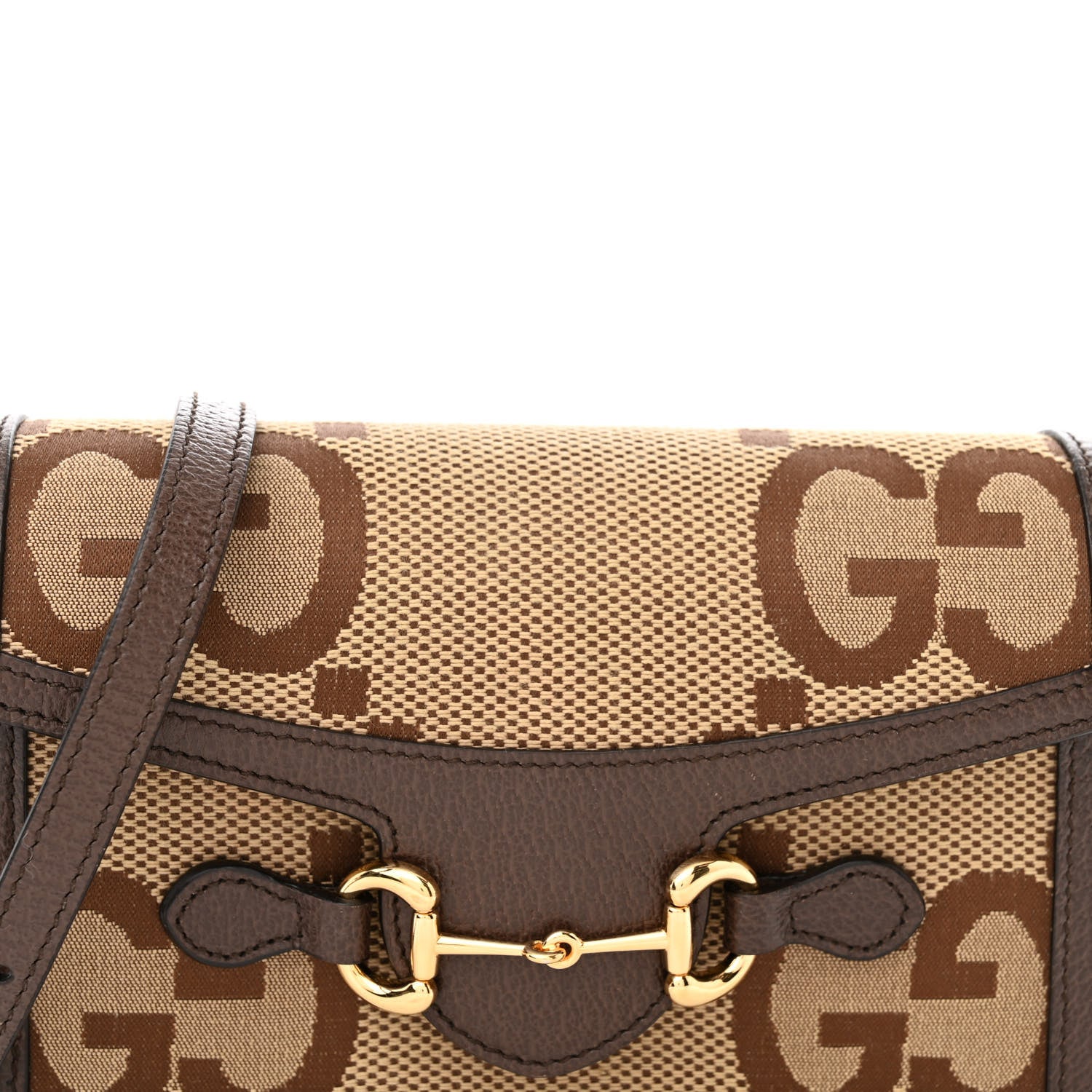Gucci Monogram Jumbo GG Textured Dollar Calfskin Mini Horsebit 1955 Shoulder Bag Camel Ebony New Acero 8 of 10