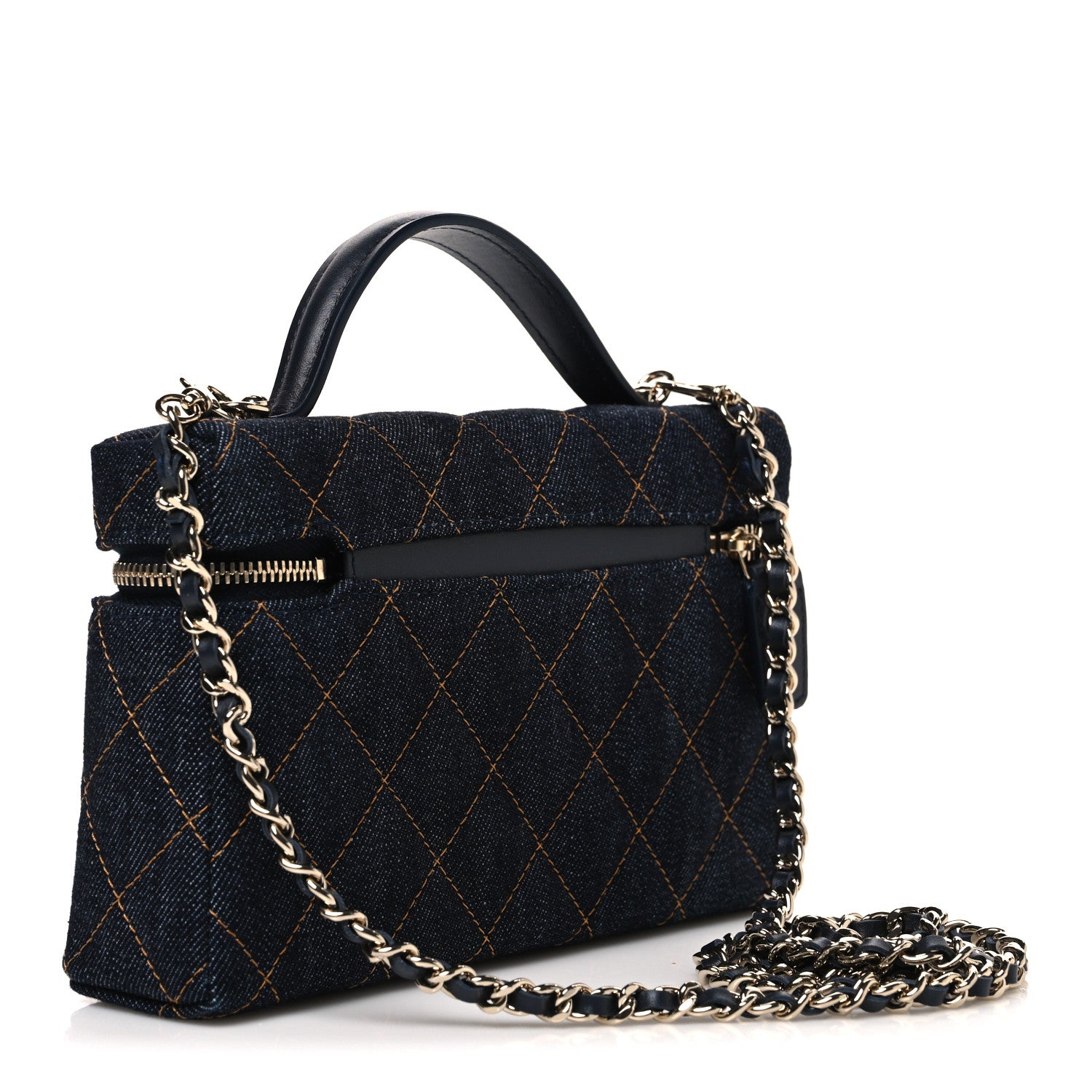 Chanel Denim Quilted Top Handle Slim Vanity Case With Chain Dark Blue Orange 3 of 10