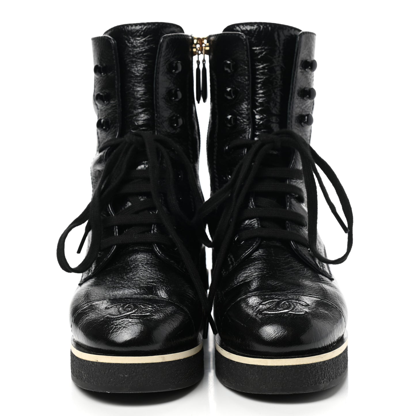 Shiny Crumpled Lambskin Lace Up Combat Boots 35 Black