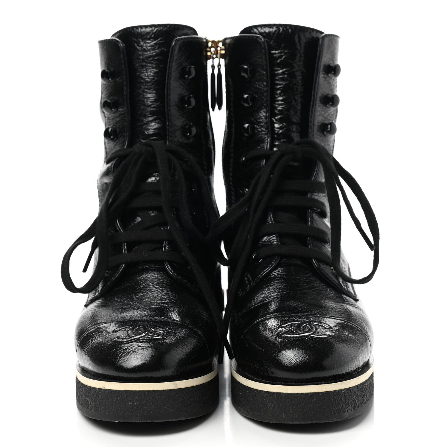 Chanel Shiny Crumpled Lambskin Lace Up Combat Boots 35 Black 2 of 8