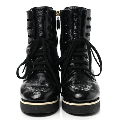 Chanel Shiny Crumpled Lambskin Lace Up Combat Boots 35 Black 2 of 8