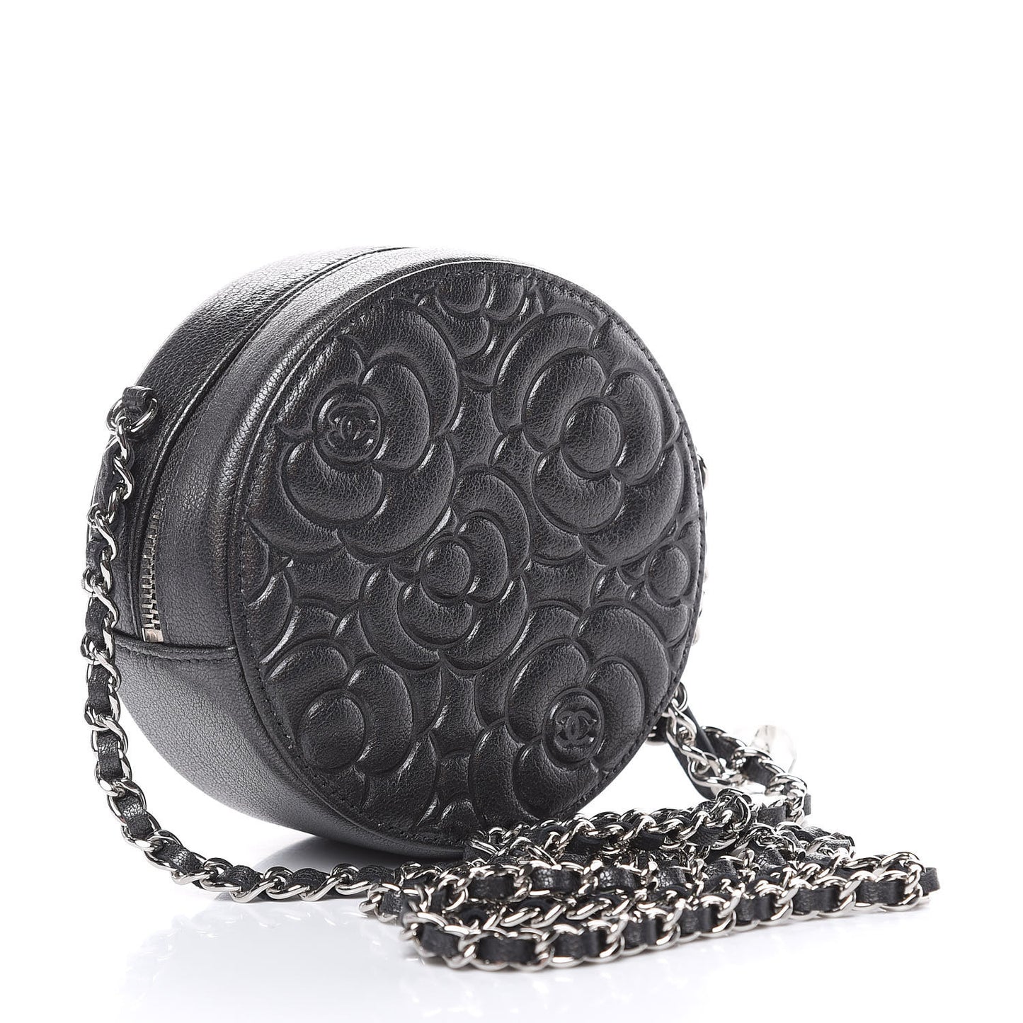 Goatskin Camellia Quilted Round Clutch With Chain Grey