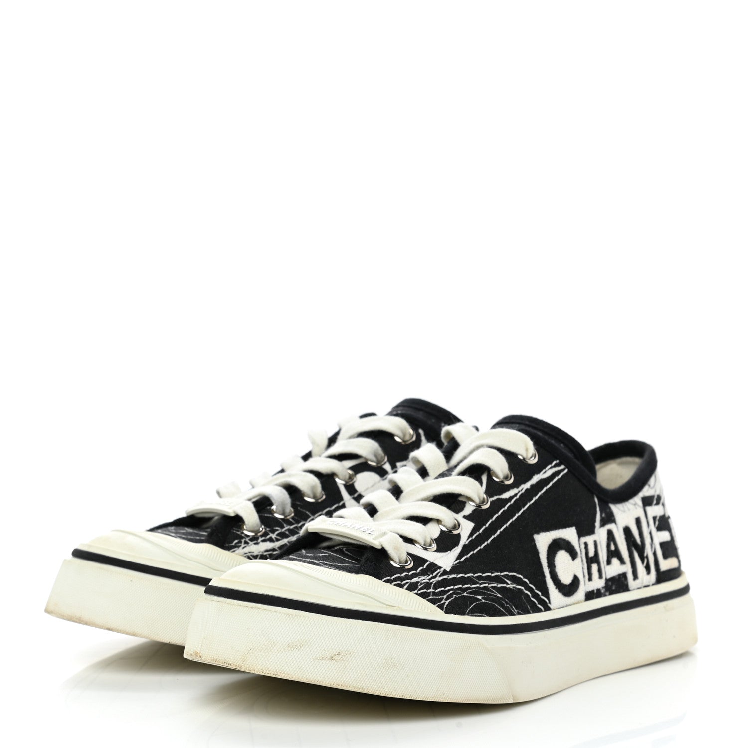 Chanel Printed Fabric Low Top Logo Sneakers 35.5 White Black 3 of 13