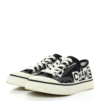 Chanel Printed Fabric Low Top Logo Sneakers 35.5 White Black 3 of 13