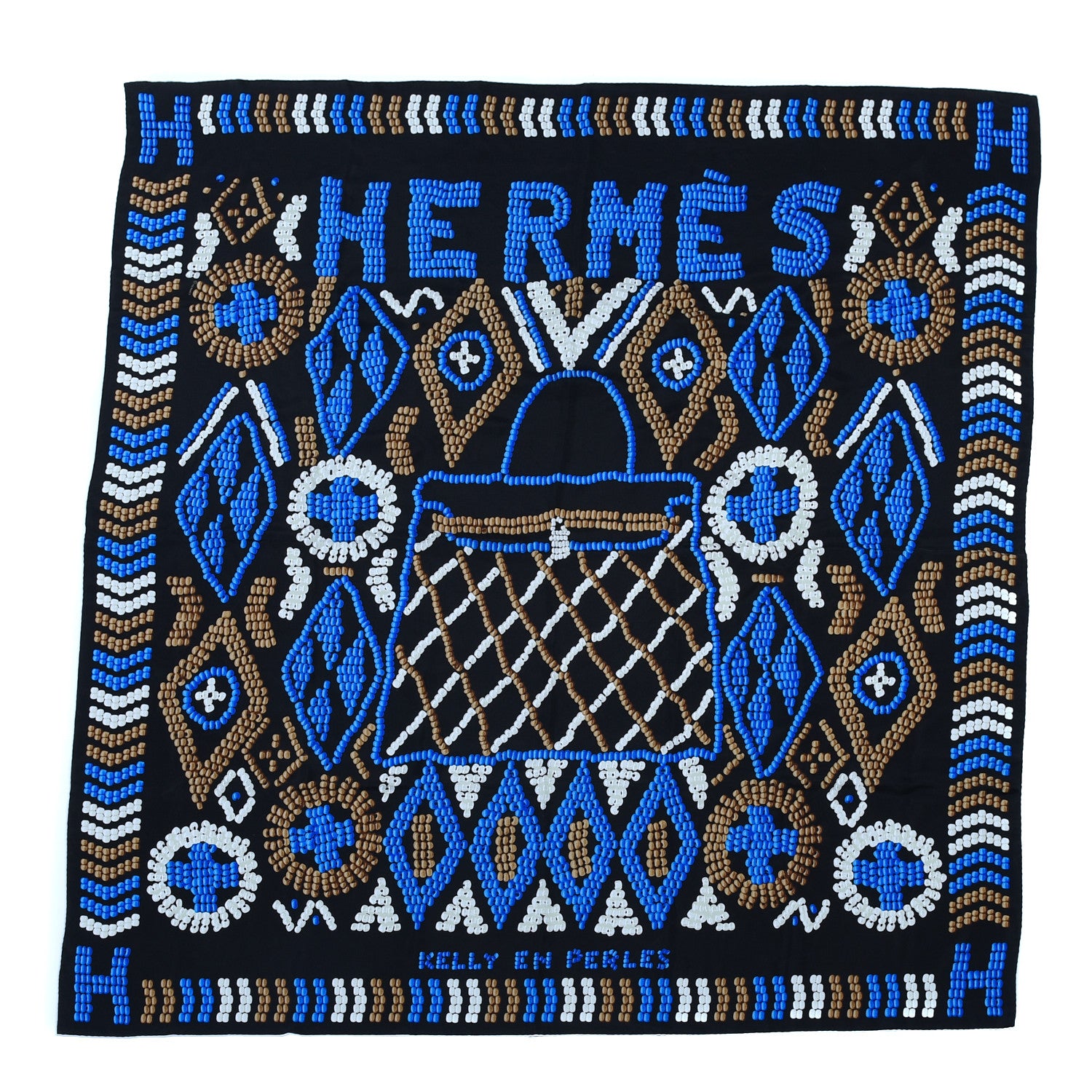 Hermes Silk Twill Kelly En Perles Giant Scarf 140 Black Bleu Marron G 1 of 6