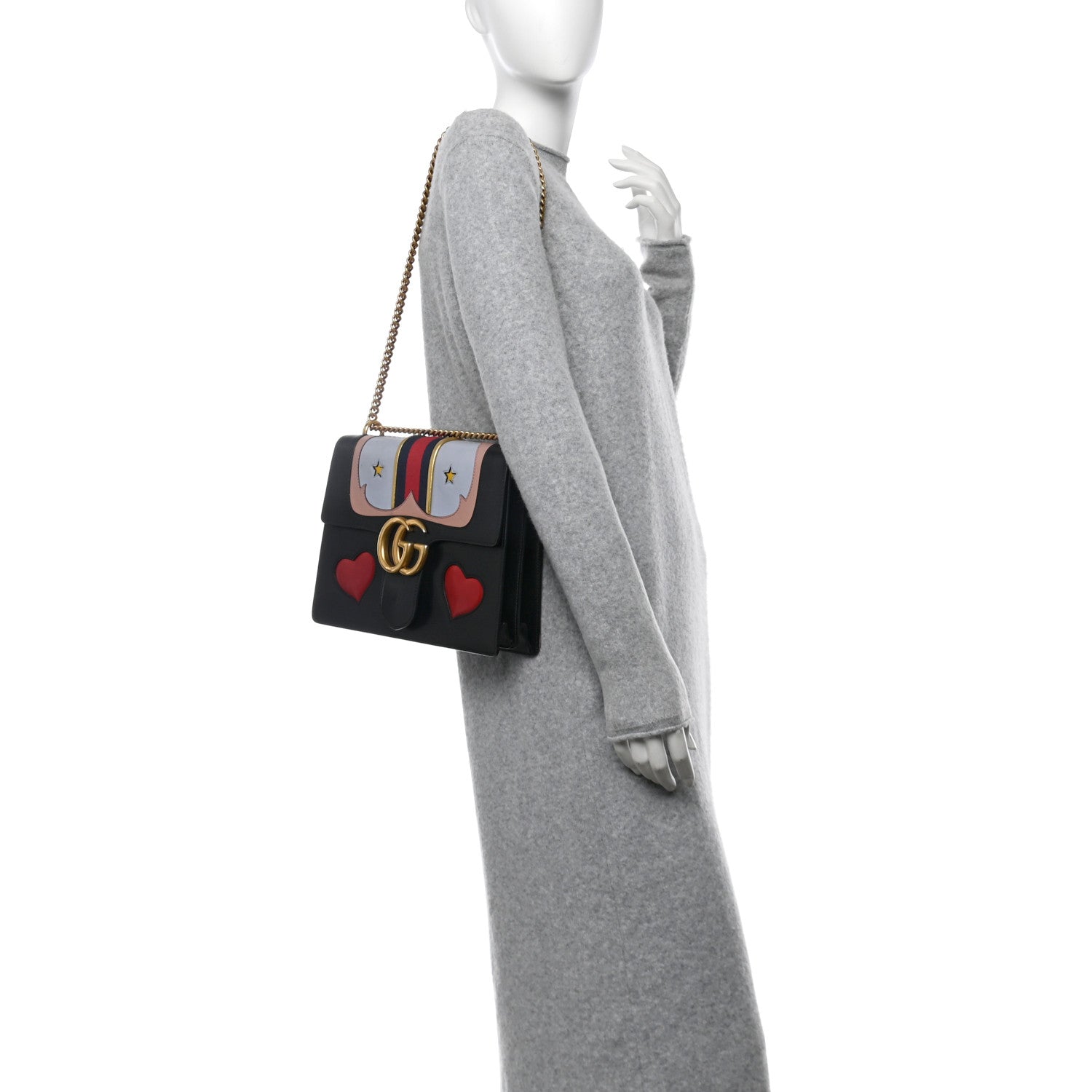 Gucci Calfskin Web Heart Medium GG Marmont Chain Handle Bag Black 2 of 14