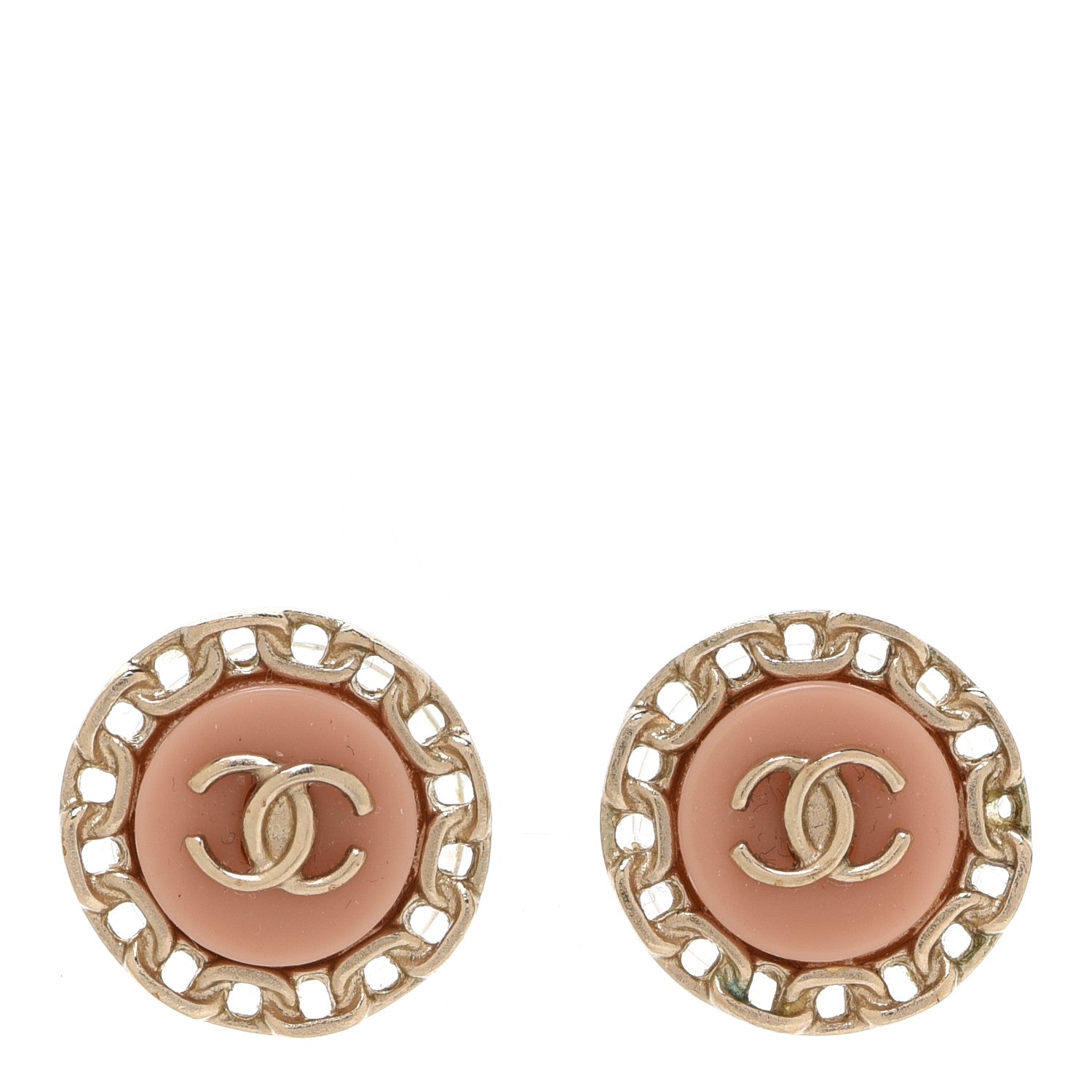 Chanel Resin Chain CC Round Earrings Gold Pink 1 of 5