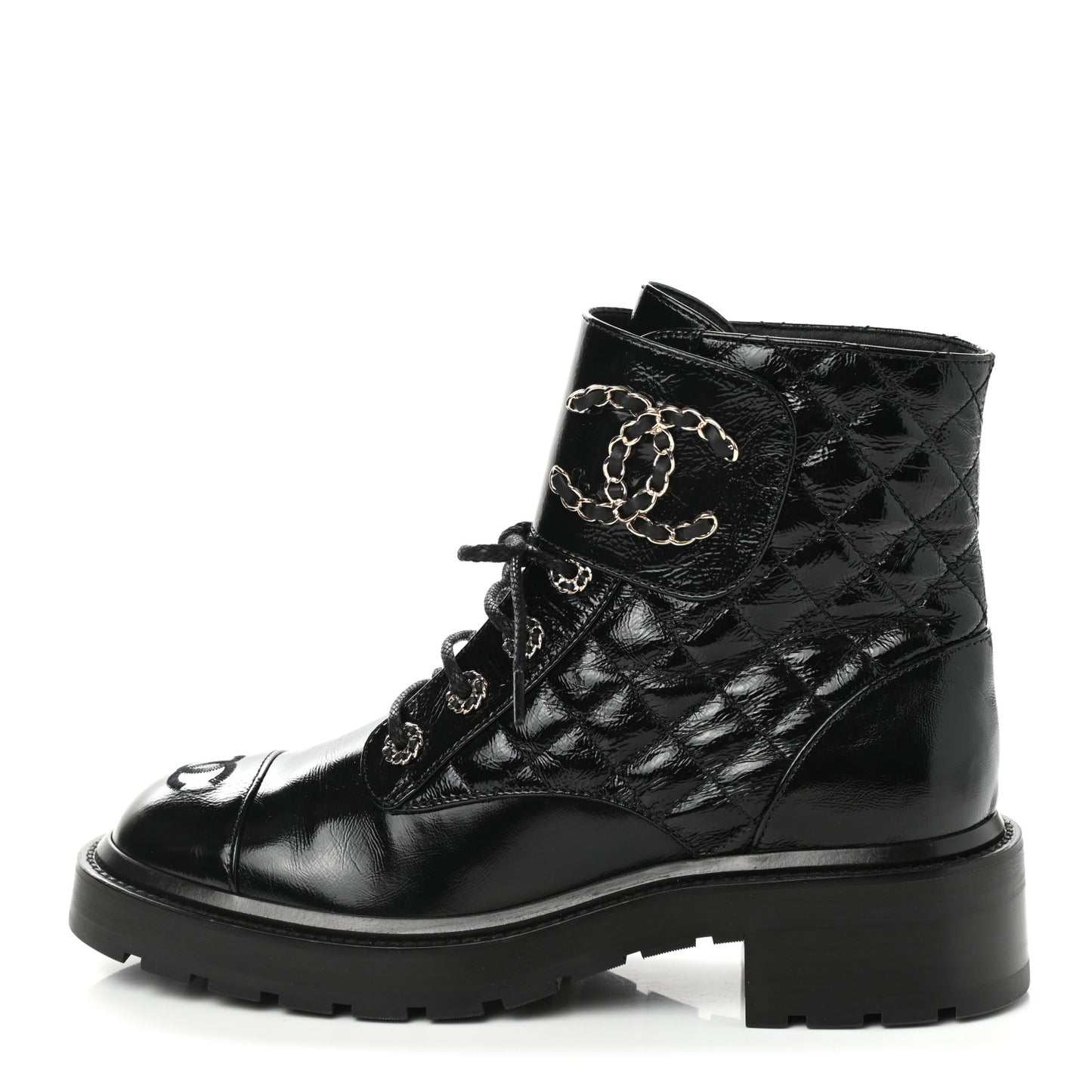 Shiny Lambskin Quilted Lace Up Combat Boots 39 Black