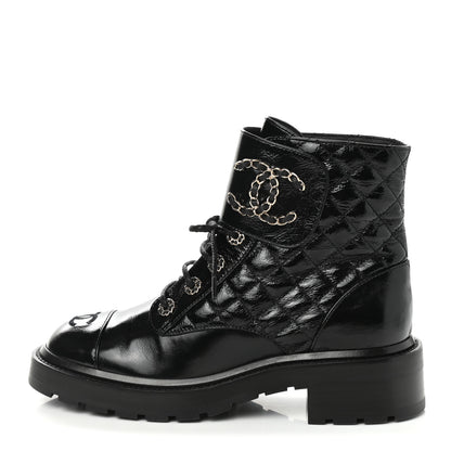 Chanel Shiny Lambskin Quilted Lace Up Combat Boots 39 Black 1 of 8