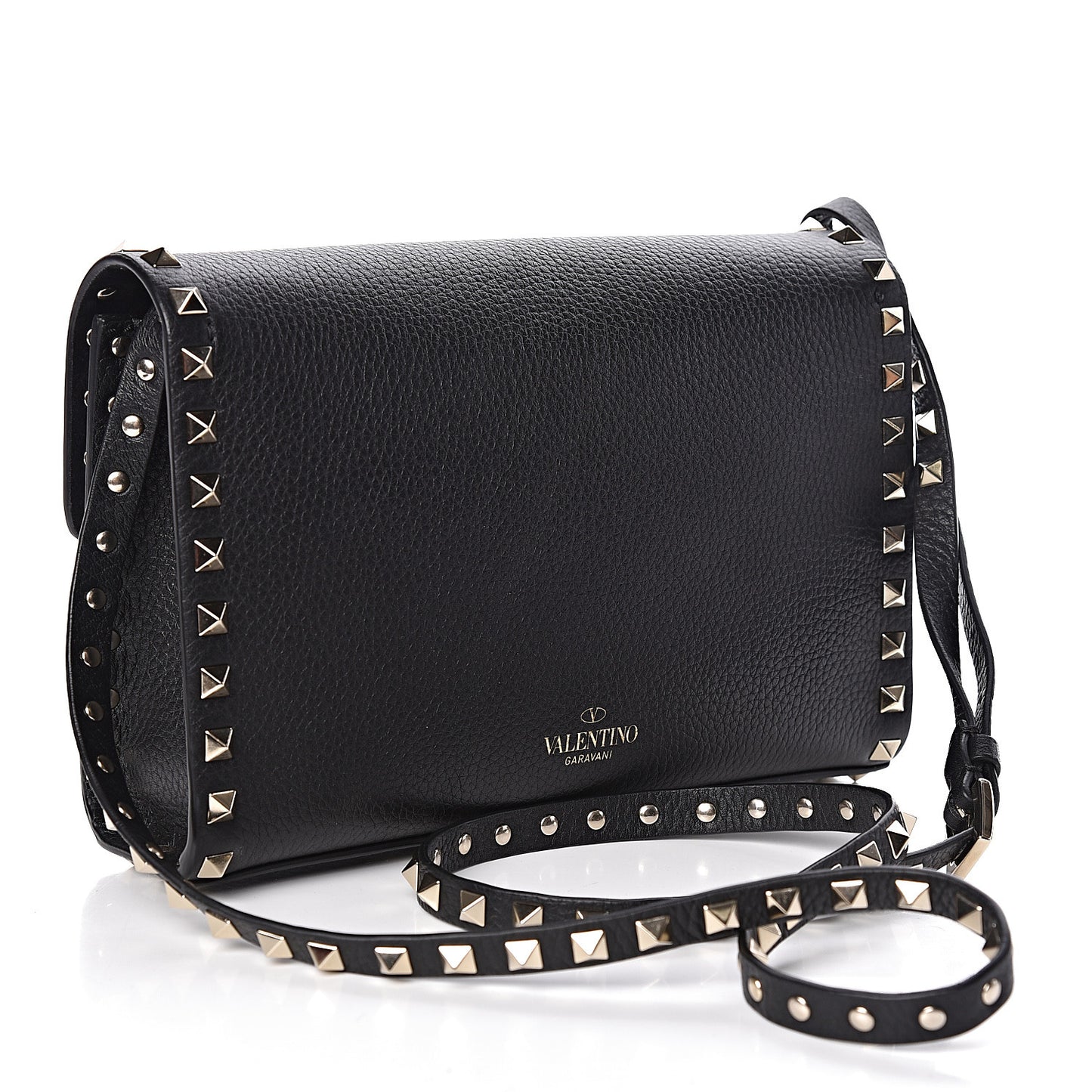 Pebbled Calfskin Medium Rockstud Flip Lock Crossbody Bag Black
