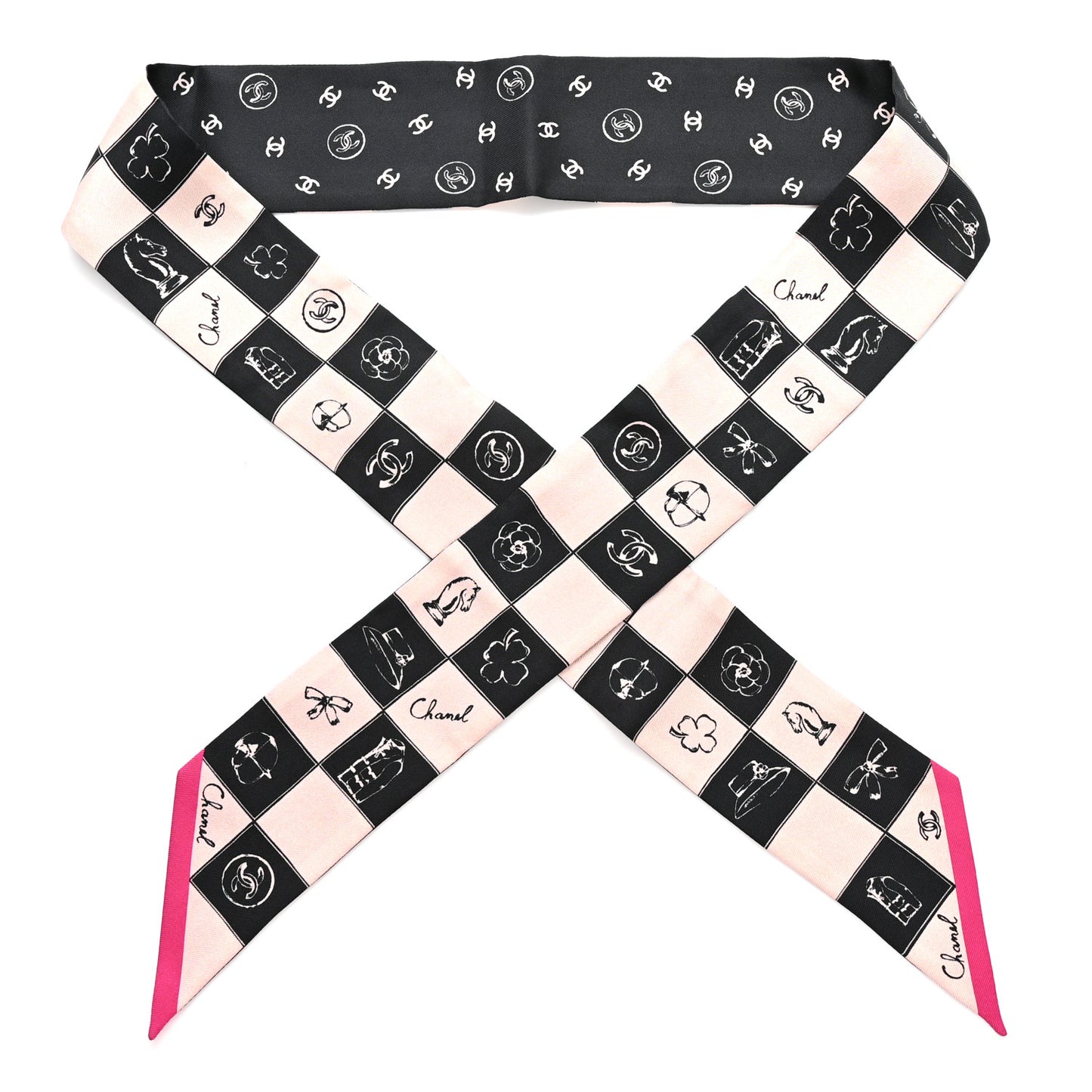 Silk Checkered Lucky Symbols CC Slim Bandeau Scarf Black Pink