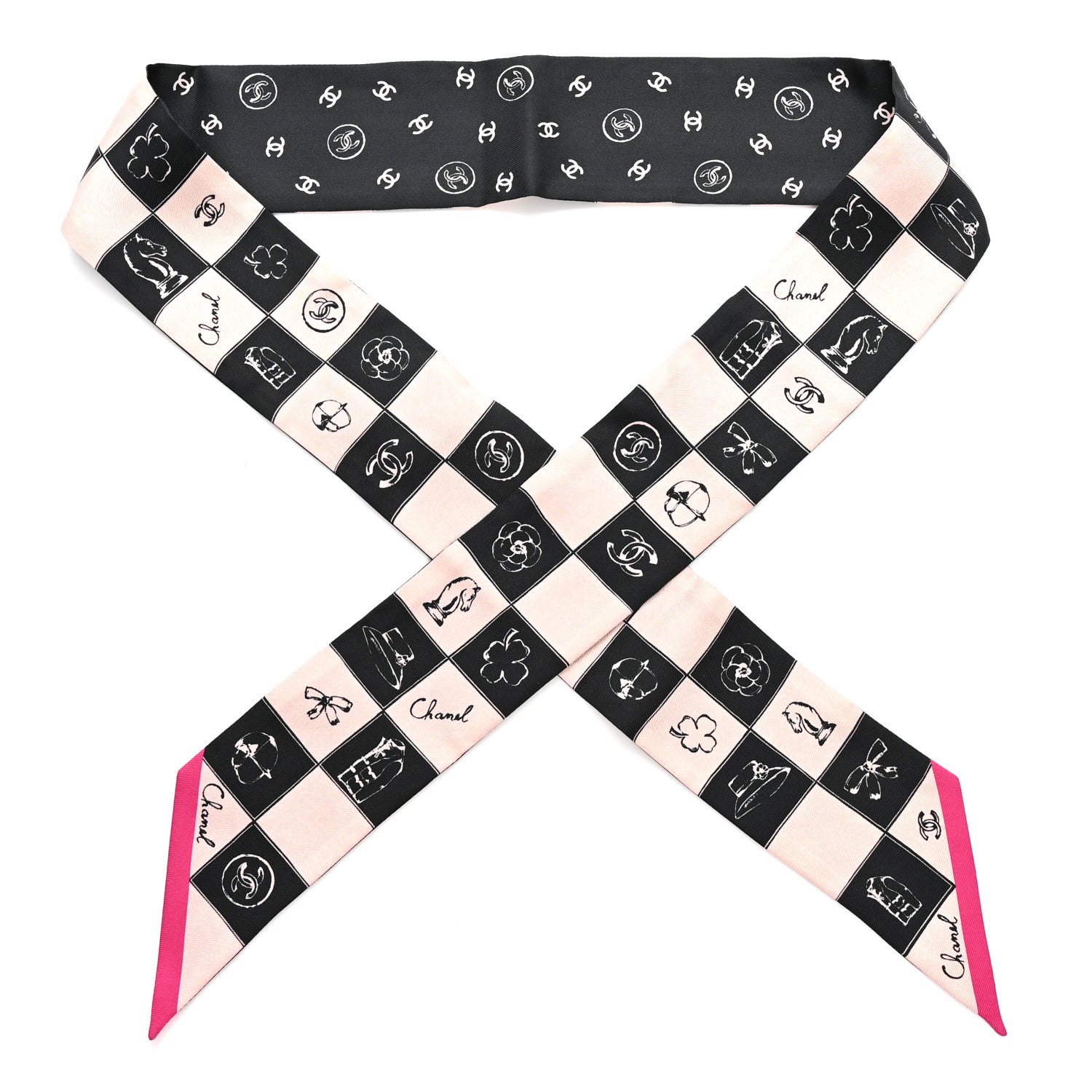 Chanel Silk Checkered Lucky Symbols CC Slim Bandeau Scarf Black Pink 1 of 3