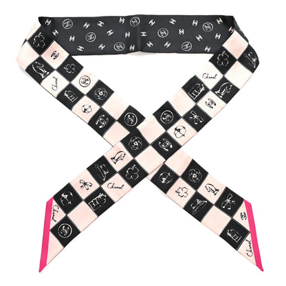 Chanel Silk Checkered Lucky Symbols CC Slim Bandeau Scarf Black Pink 1 of 3