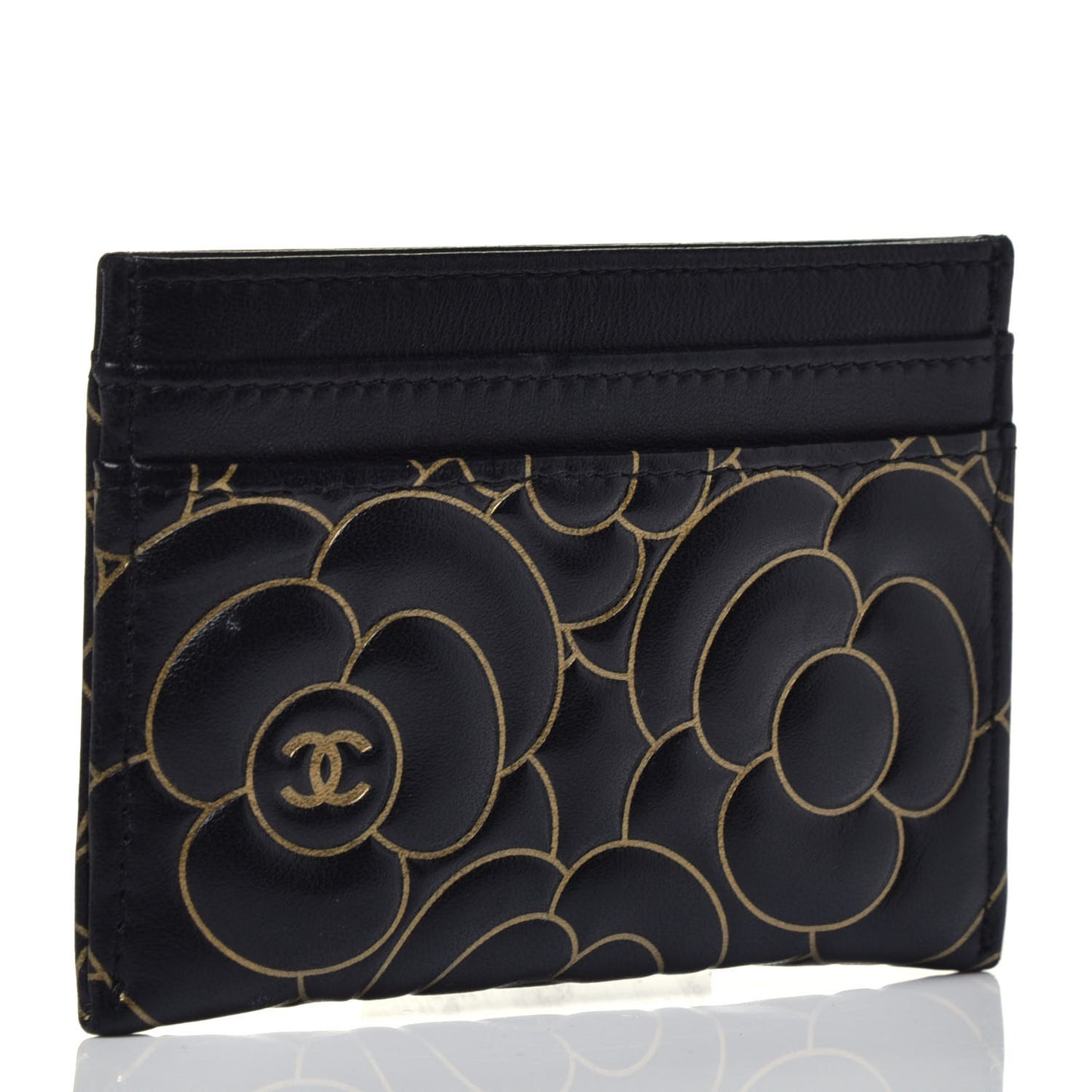 Lambskin Camellia Embossed Card Holder Black Gold