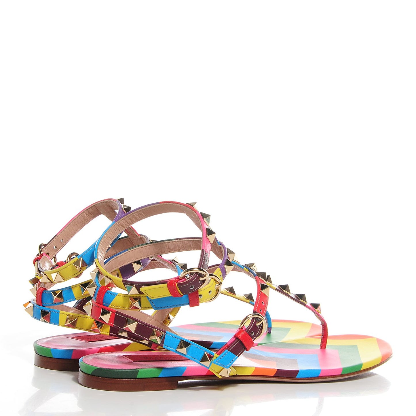 Calfskin 1973 Rockstud Ankle Wrap Flat Thong Sandals 39.5 Multicolor