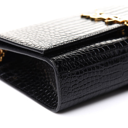 Saint Laurent Calfskin Crocodile Embossed Medium Classic Monogram Kate Tassel Satchel Black 9 of 10